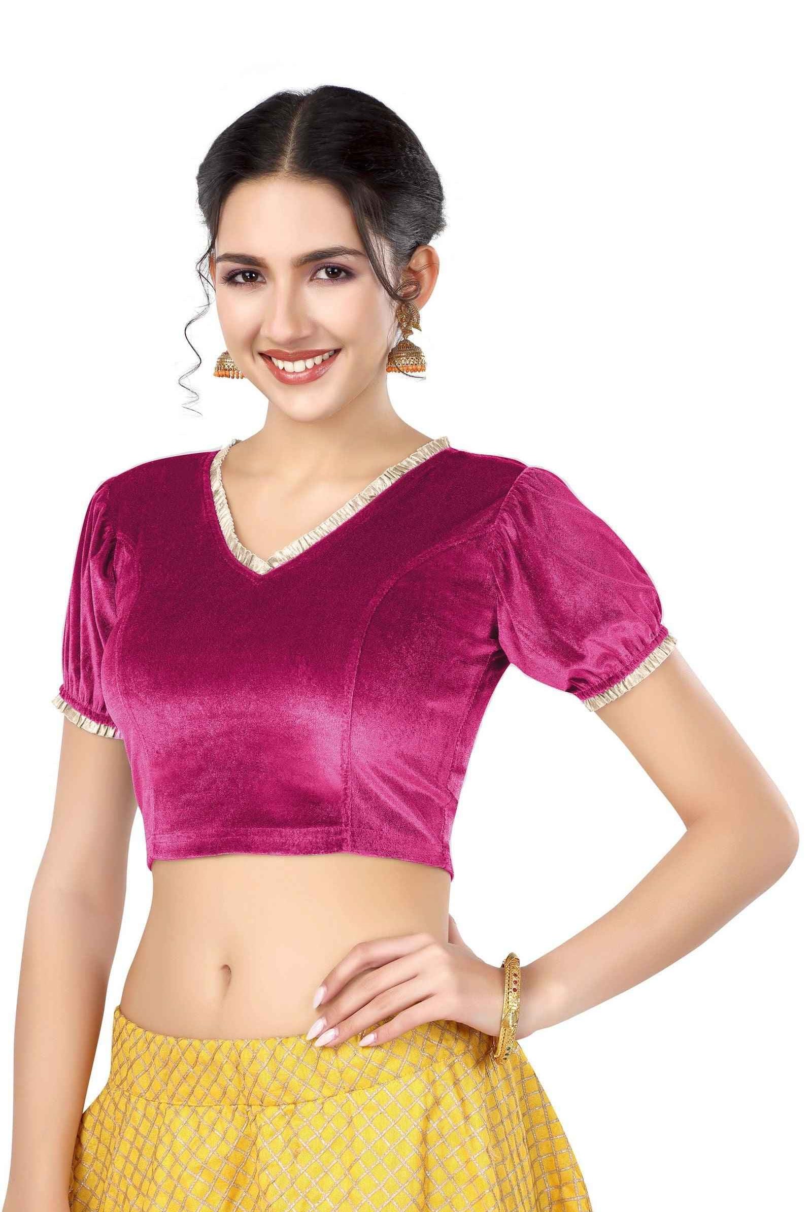 Stay On Trend with FinestFit Readymade Balloon Sleeves Blouse for Women - V Neckline with Pearl Ruffle Lace and Ruffle Hem