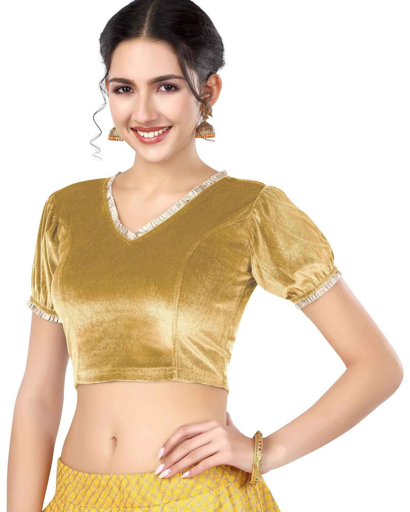 Stay On Trend with FinestFit Readymade Balloon Sleeves Blouse for Women - V Neckline with Pearl Ruffle Lace and Ruffle Hem