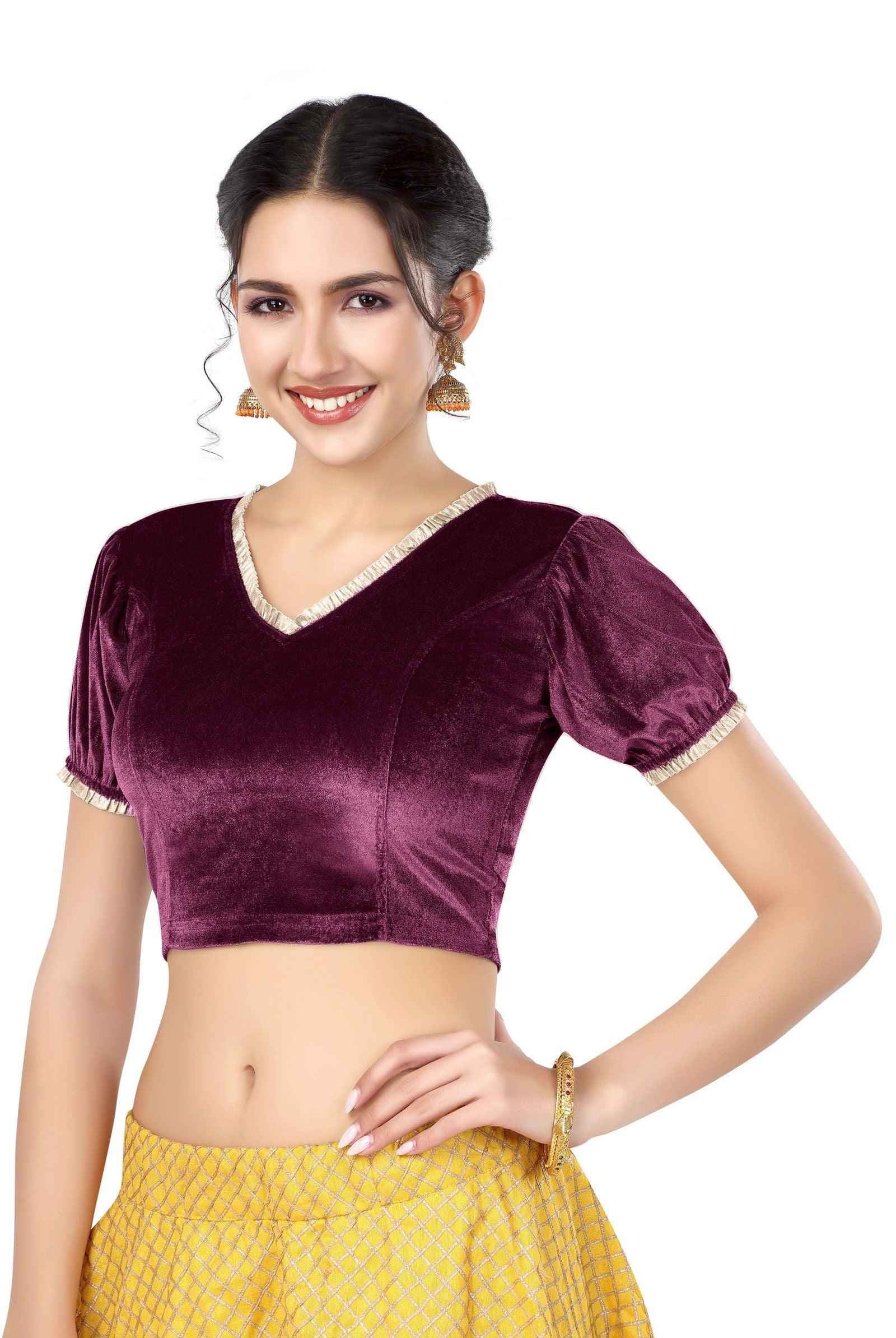 Stay On Trend with FinestFit Readymade Balloon Sleeves Blouse for Women - V Neckline with Pearl Ruffle Lace and Ruffle Hem