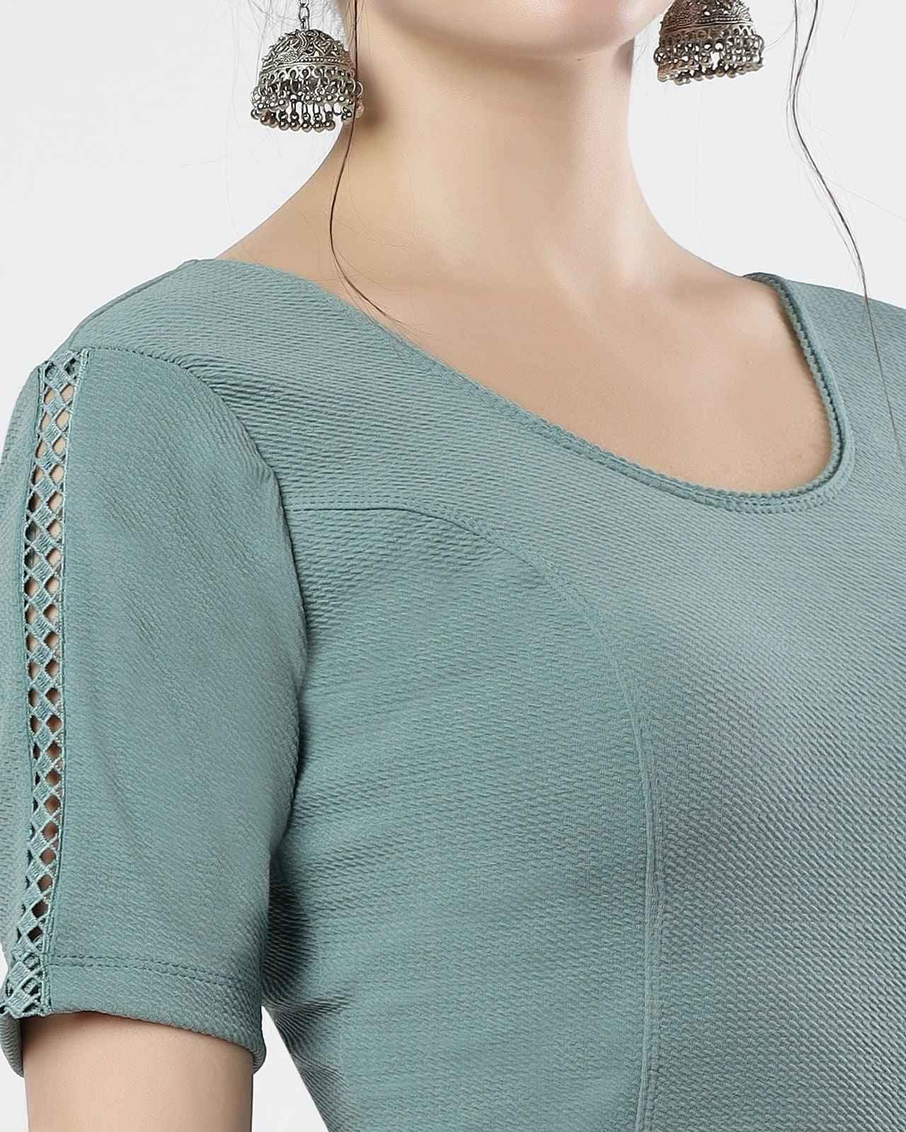 Stay On Trend: Dyed Crochet Lace on Sleeves Blouse for Women, Round Neckline, Latest Fashion 32008