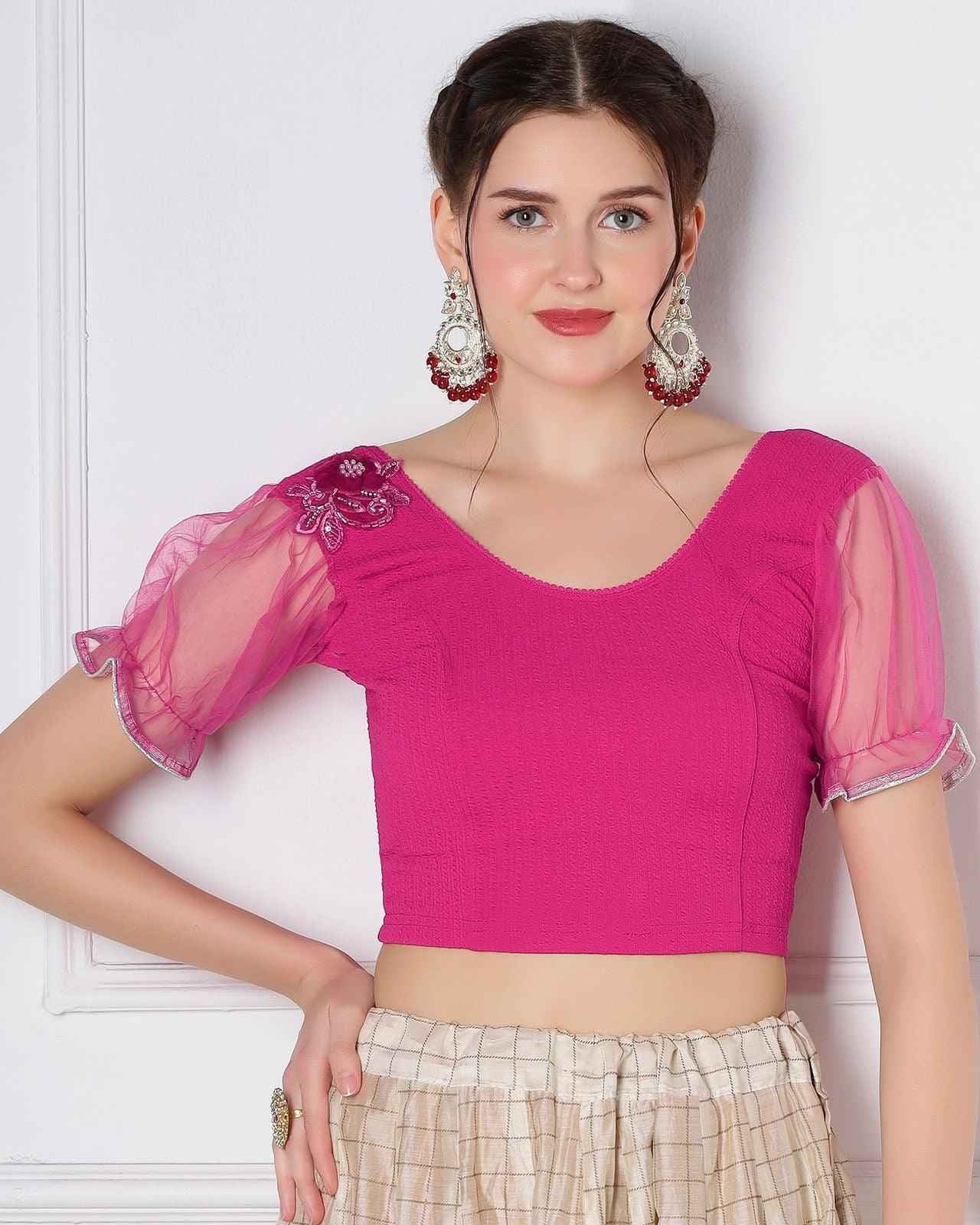 Stay On Trend: Patch with Tulle Net Sleeves Blouse for Women, Round Neckline, Hand Made Patch, Fancy Hem, 32003