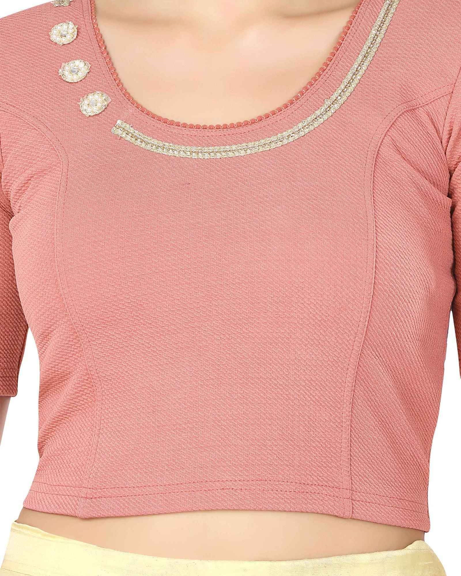 Stay On Trend: Embroidered Flowers Patch Details Blouse for Women with Round Neckline and Lace Adornments