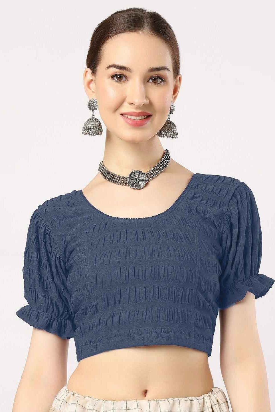 Stay On Trend with FinestFit Readymade Balloon Sleeves Blouse for Women - Round Neckline, Fabric Balloon Sleeves - 18001