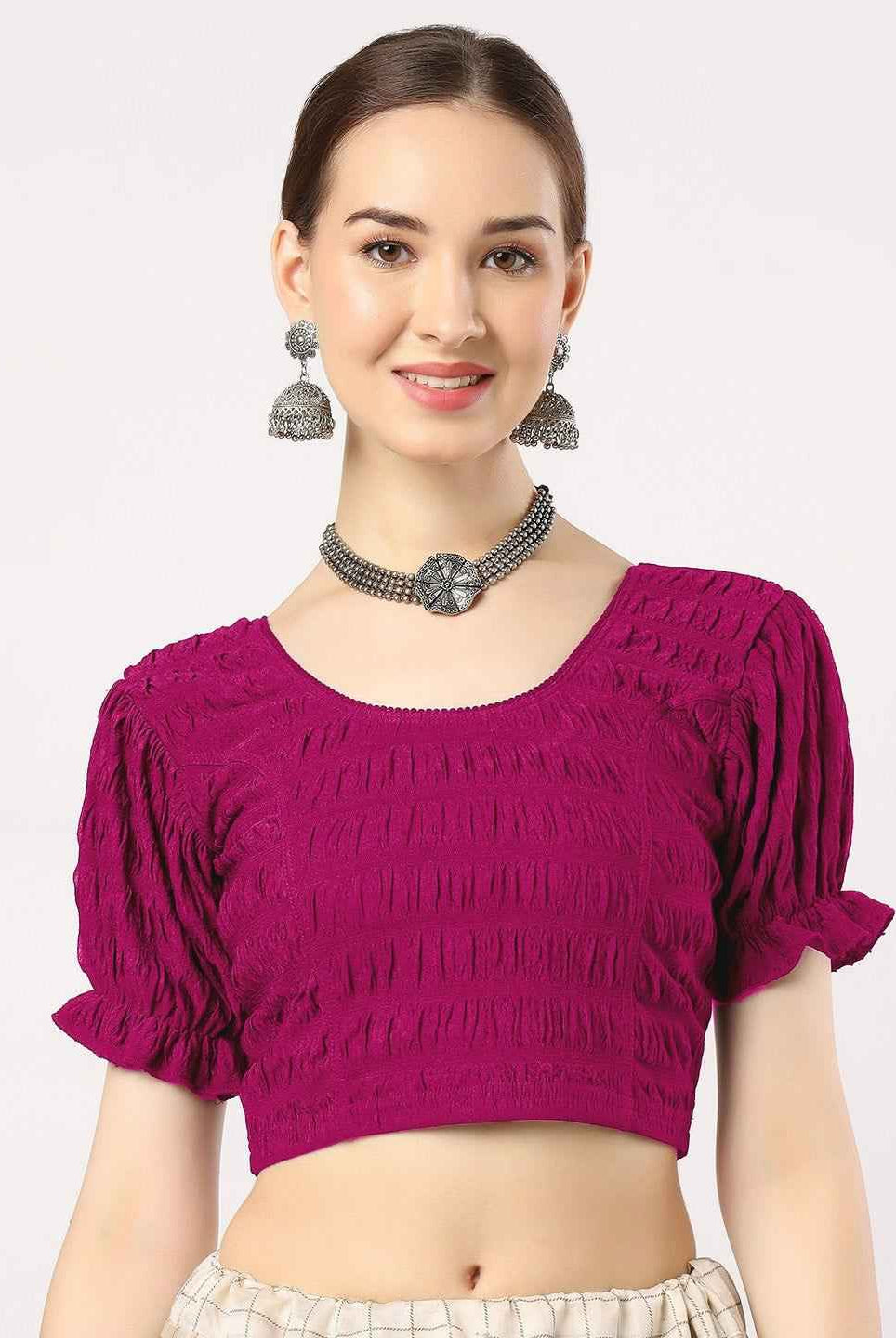 Stay On Trend with FinestFit Readymade Balloon Sleeves Blouse for Women - Round Neckline, Fabric Balloon Sleeves - 18001