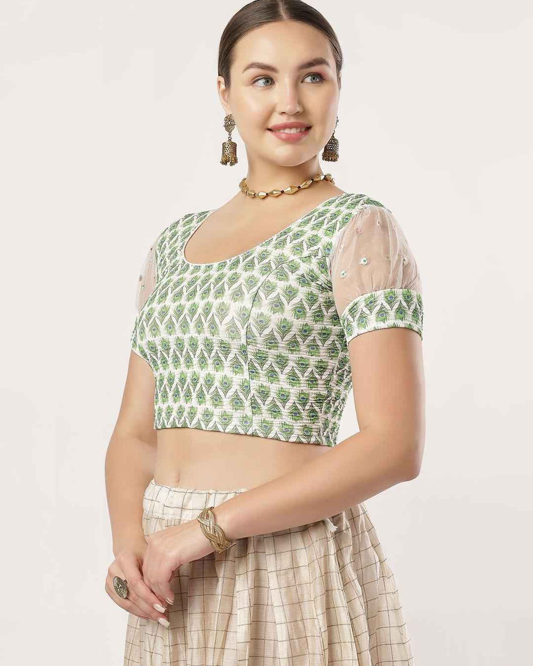 Stay On Trend with the FinestFit Readymade Organza Balloon Sleeves Blouse for Women - Round Neckline in Digitally Printed Fabric, 20070