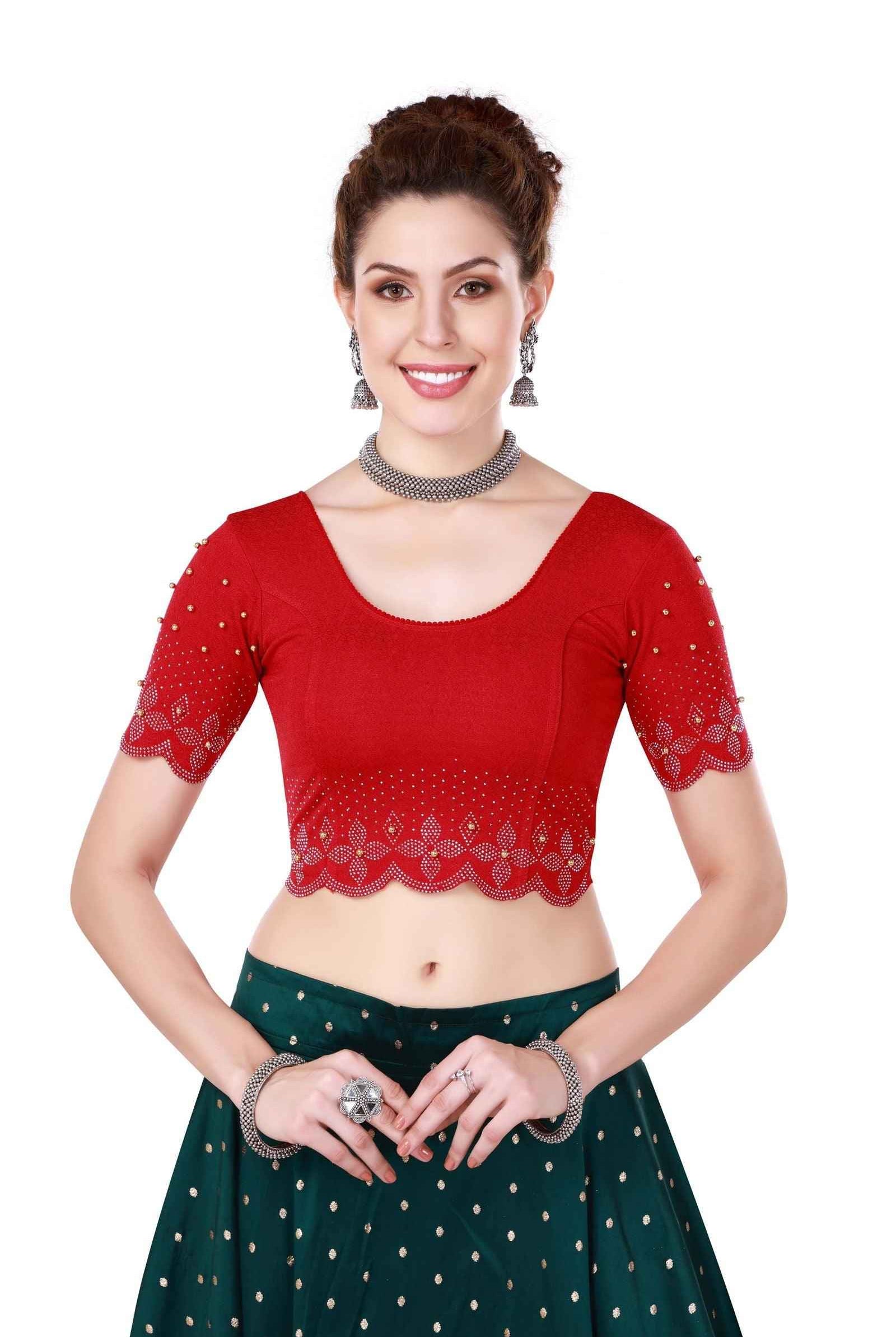 Stay On Trend with Elbow Sleeves Swavrovski Embellished Blouse for Women, Round Neckline, 27131