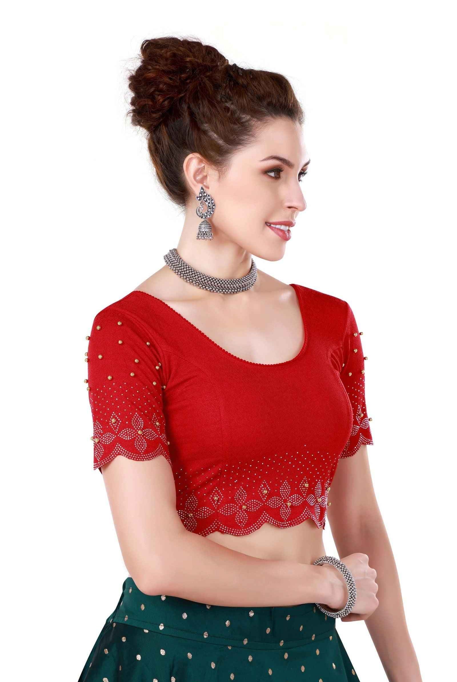 Stay On Trend with Elbow Sleeves Swavrovski Embellished Blouse for Women, Round Neckline, 27131