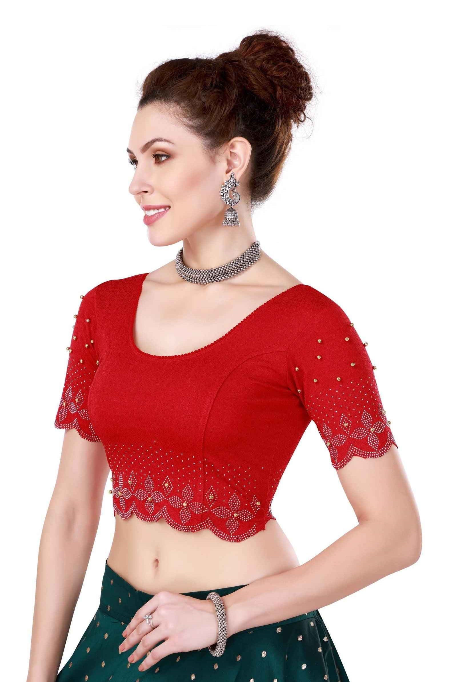 Stay On Trend with Elbow Sleeves Swavrovski Embellished Blouse for Women, Round Neckline, 27131