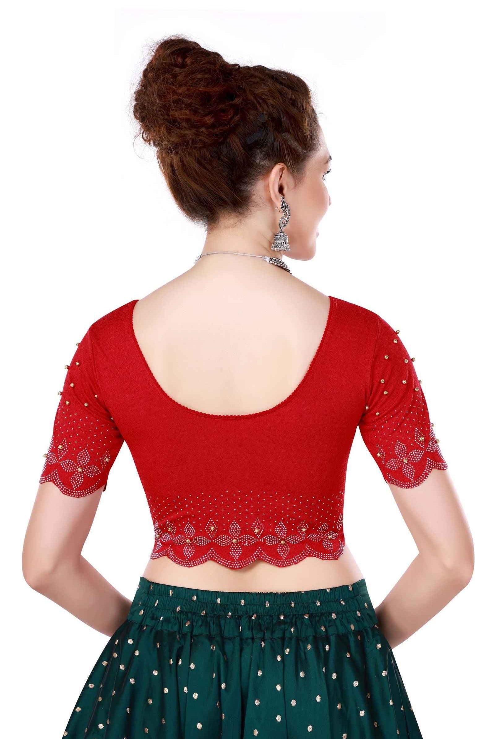 Stay On Trend with Elbow Sleeves Swavrovski Embellished Blouse for Women, Round Neckline, 27131