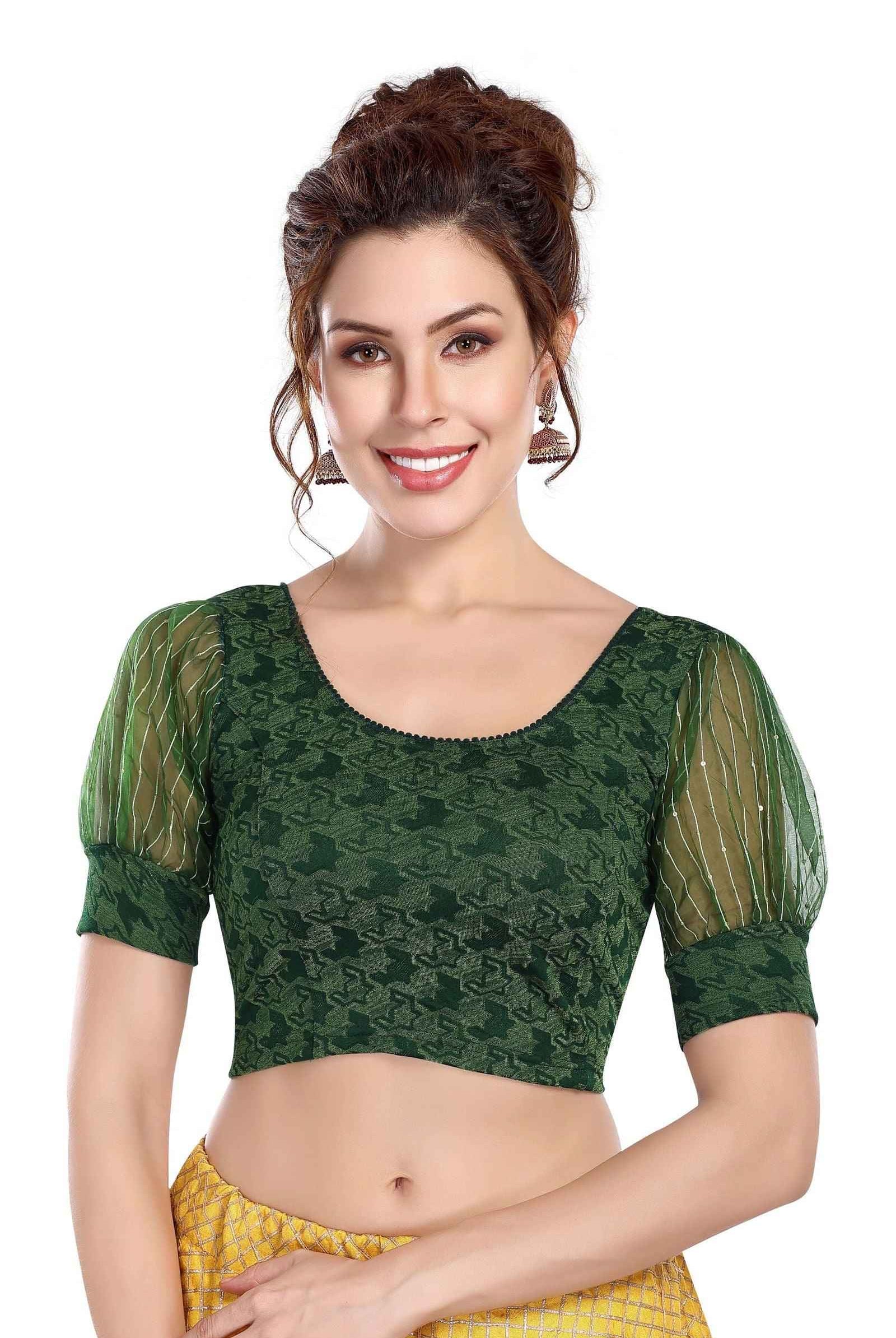 Stay On Trend with FinestFit Readymade Organza Puff Sleeves Blouse for Women, Round Neckline, Style 18153