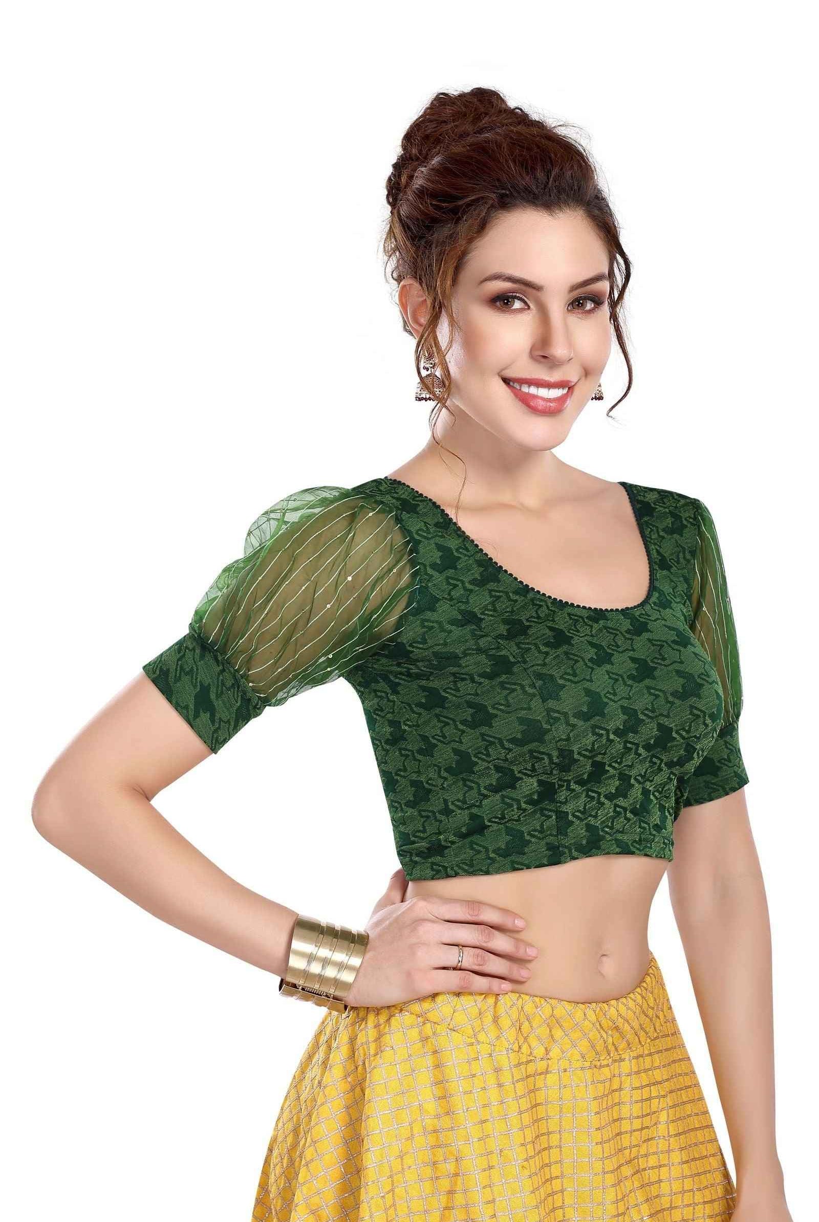 Stay On Trend with FinestFit Readymade Organza Puff Sleeves Blouse for Women, Round Neckline, Style 18153