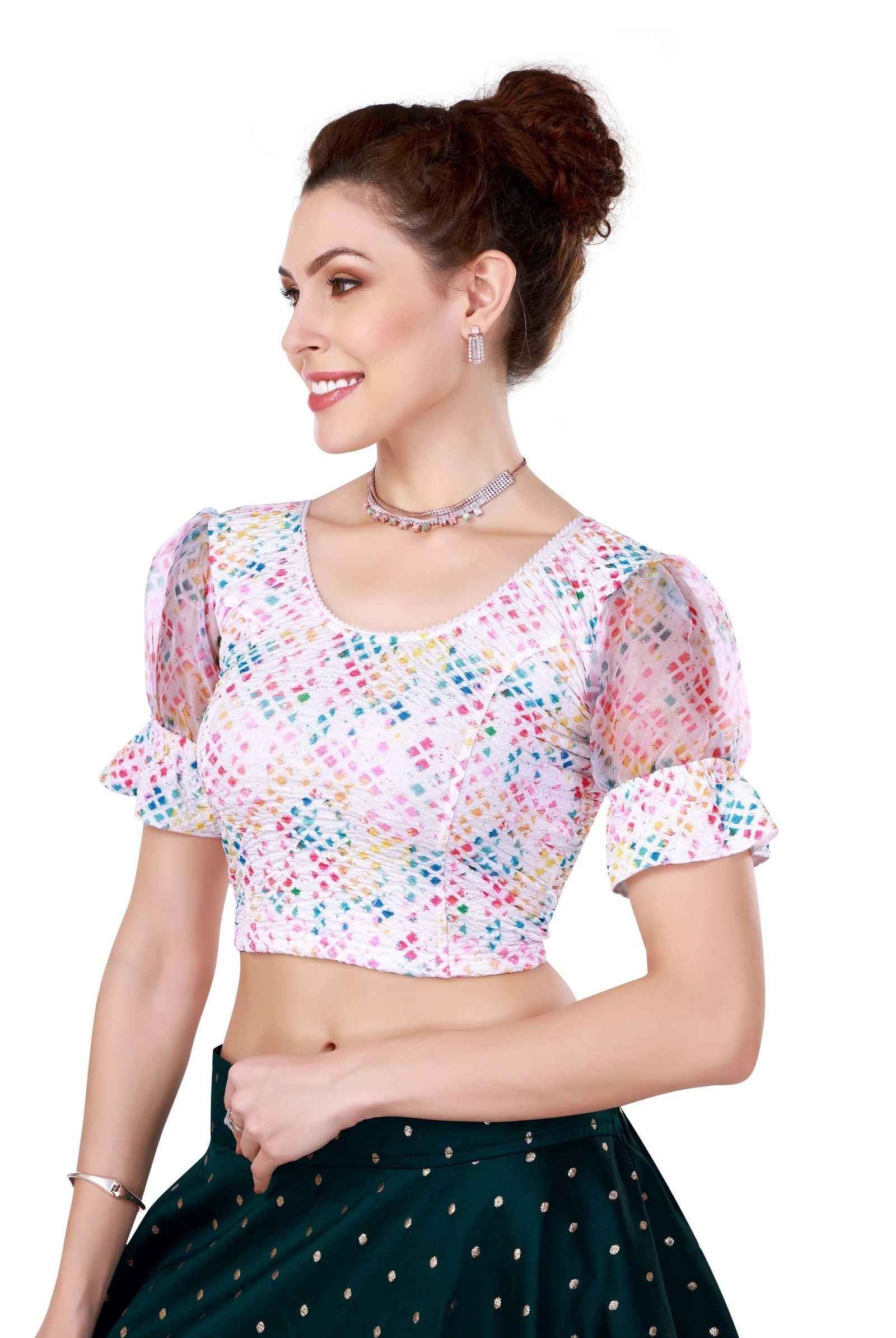 Stay On Trend with Digitally Printed Organza Balloon Sleeves Blouse for Women - Multicolour Printed, Round Neckline, Fabric Frill Detail - 20030