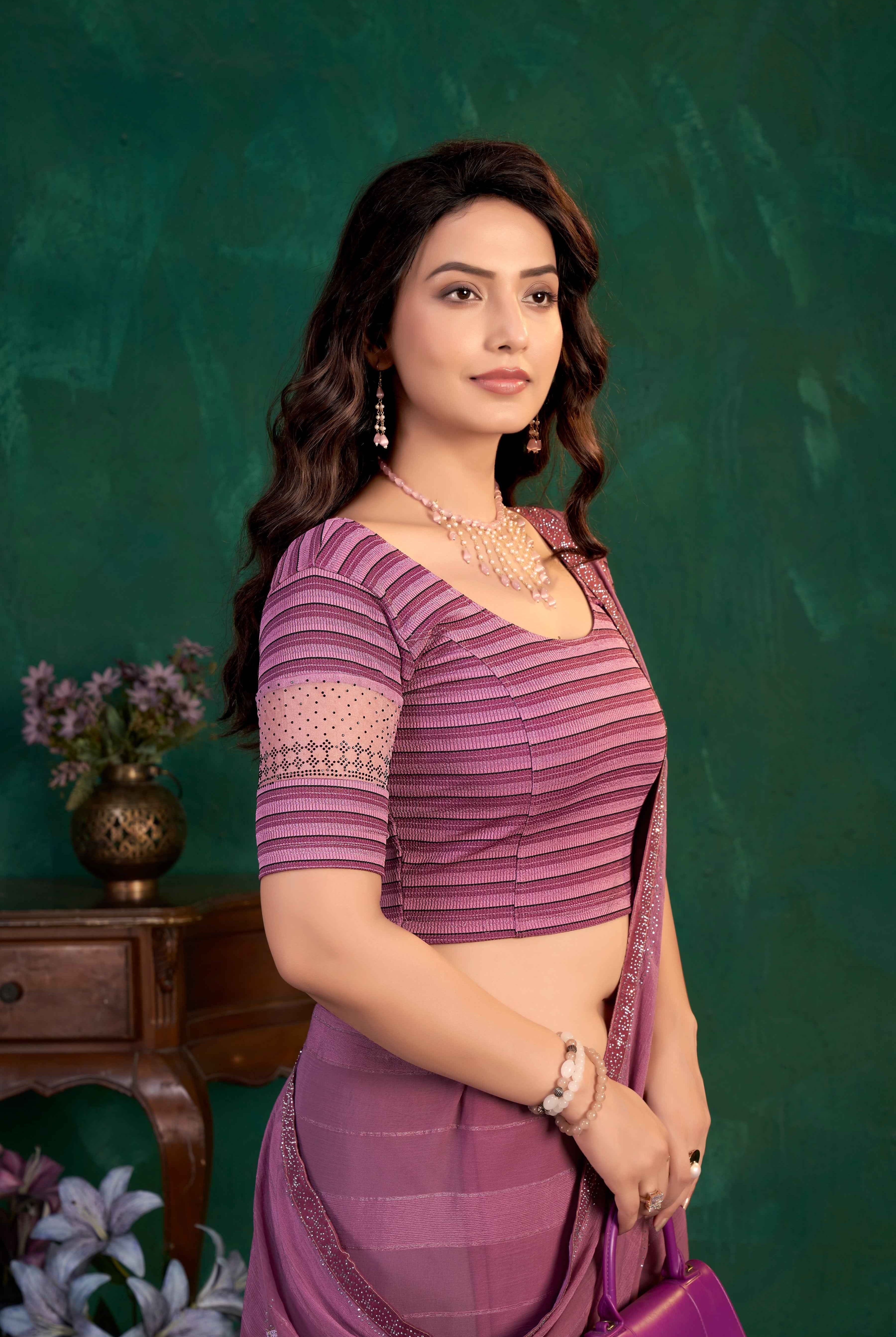 Stay On Trend: Latest Fashion Readymade Blouses for Women,round neckline,organza band sleeves adorned with black swarovski.41030