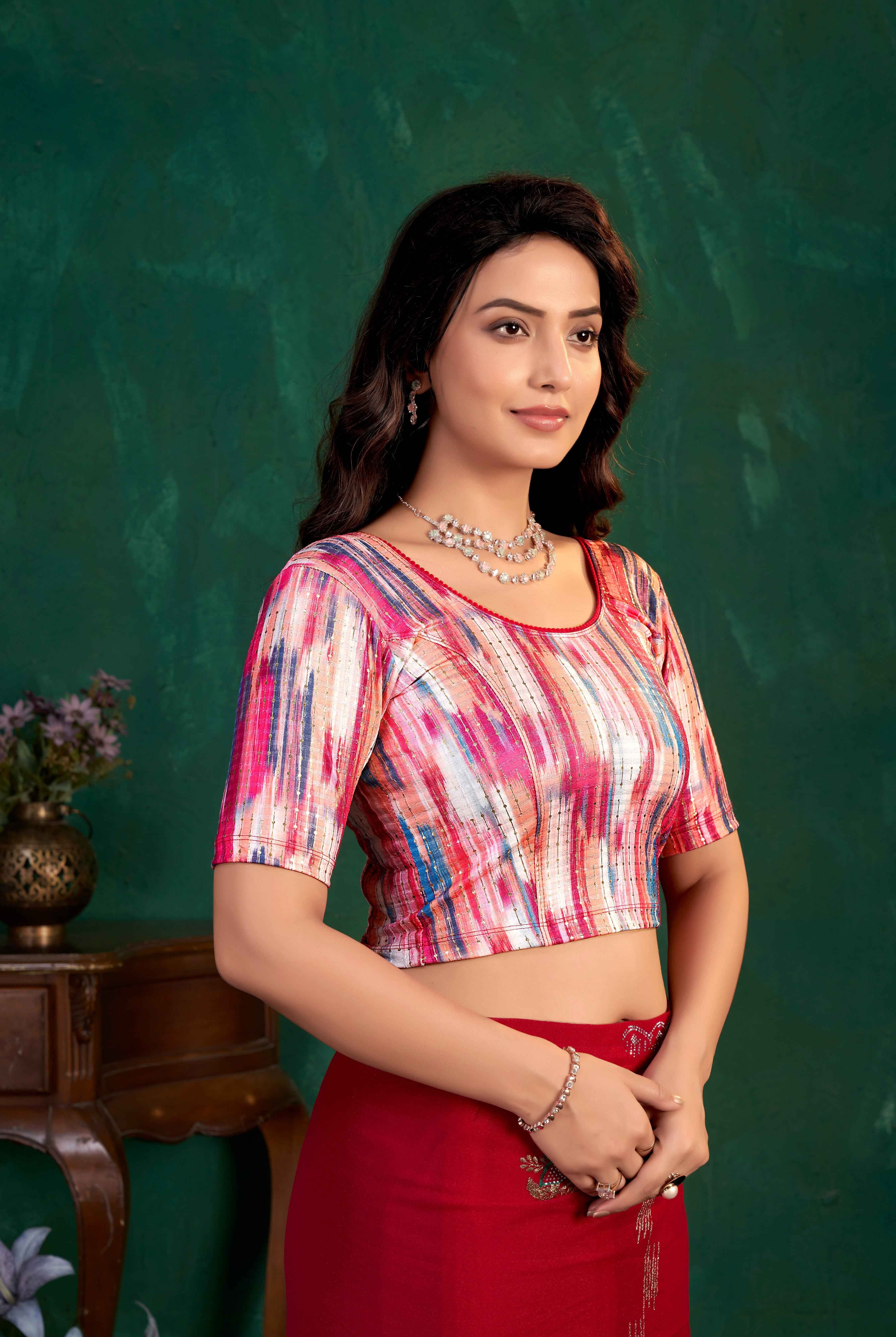 Stay On Trend: Latest Fashion Readymade Blouses for Women,round neckline ,elbow sleeves.20068