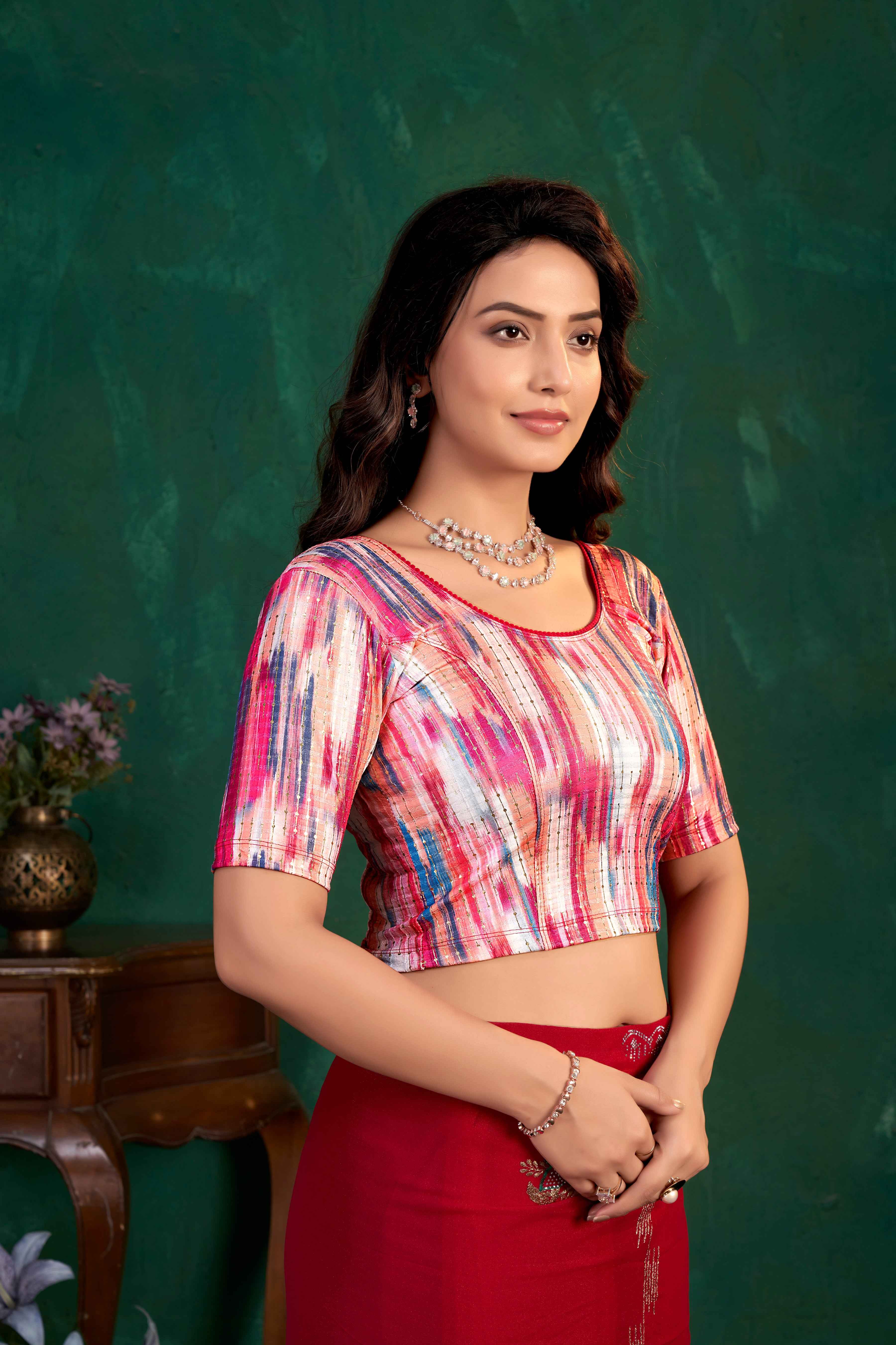 Stay On Trend: Latest Fashion Readymade Blouses for Women,round neckline ,elbow sleeves.20068