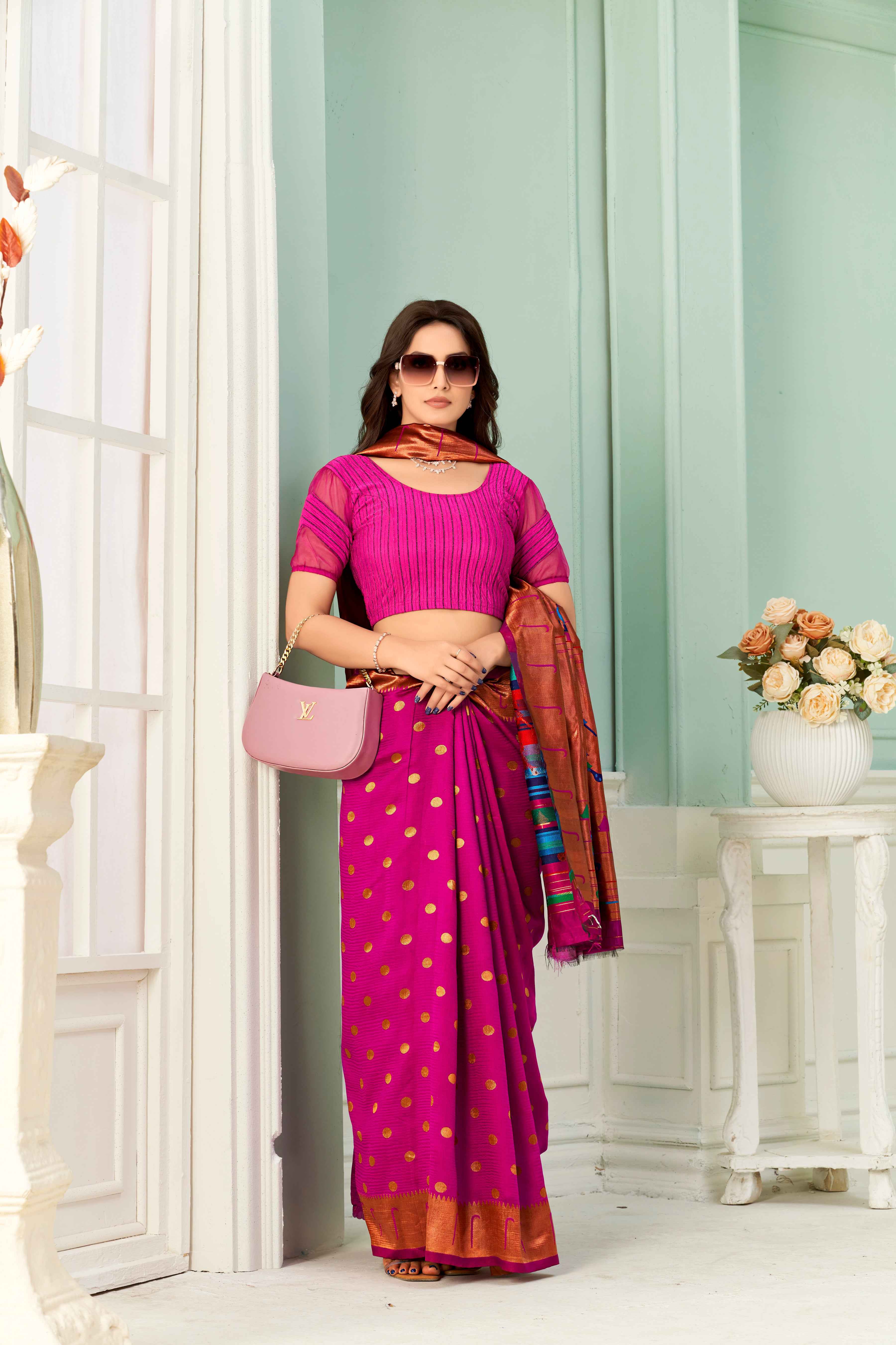 Stay On Trend: Latest Fashion Readymade Blouses for Women,round neckline,zig zag style organza & fabric elasticated sleeves.30002