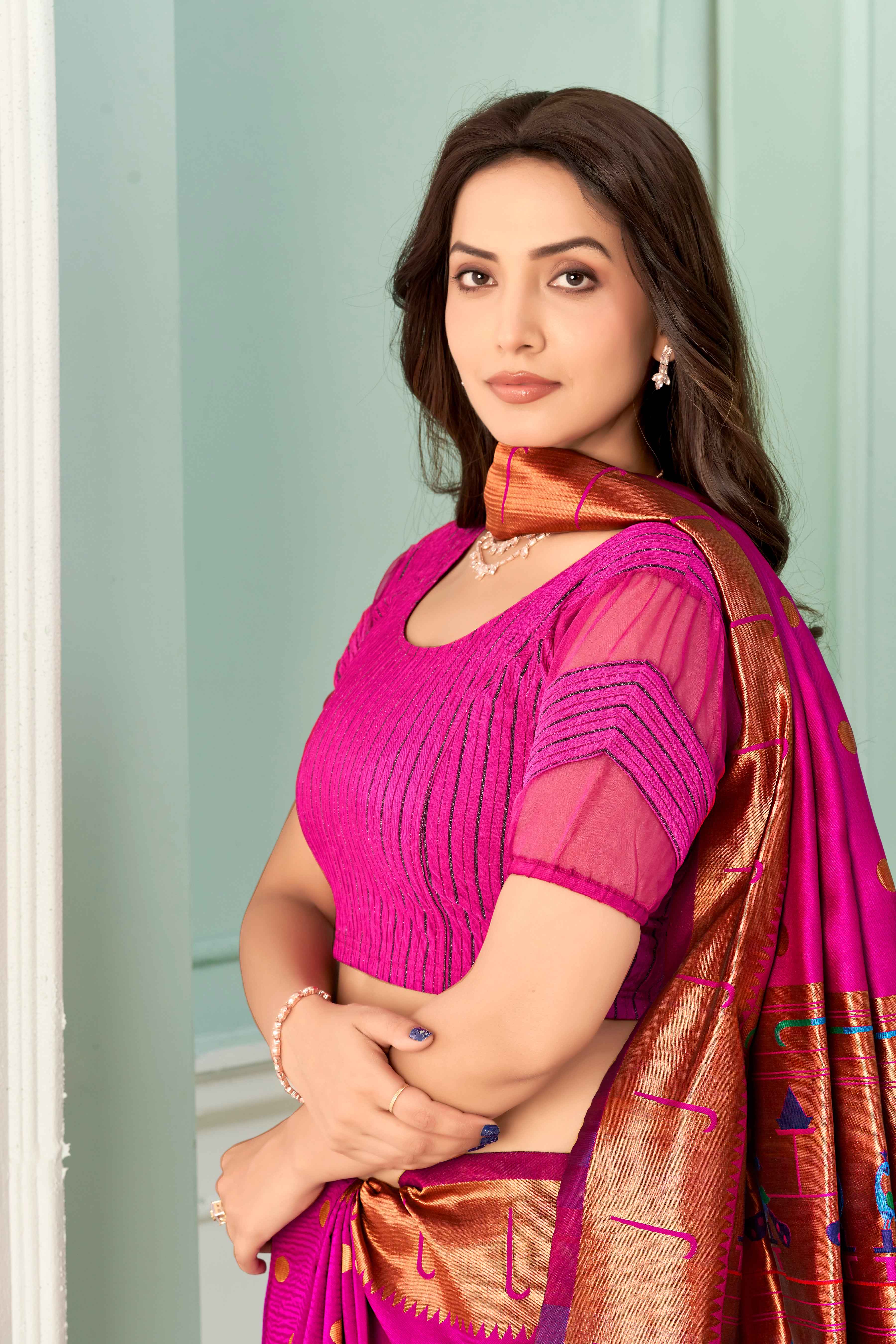 Stay On Trend: Latest Fashion Readymade Blouses for Women,round neckline,zig zag style organza & fabric elasticated sleeves.30002