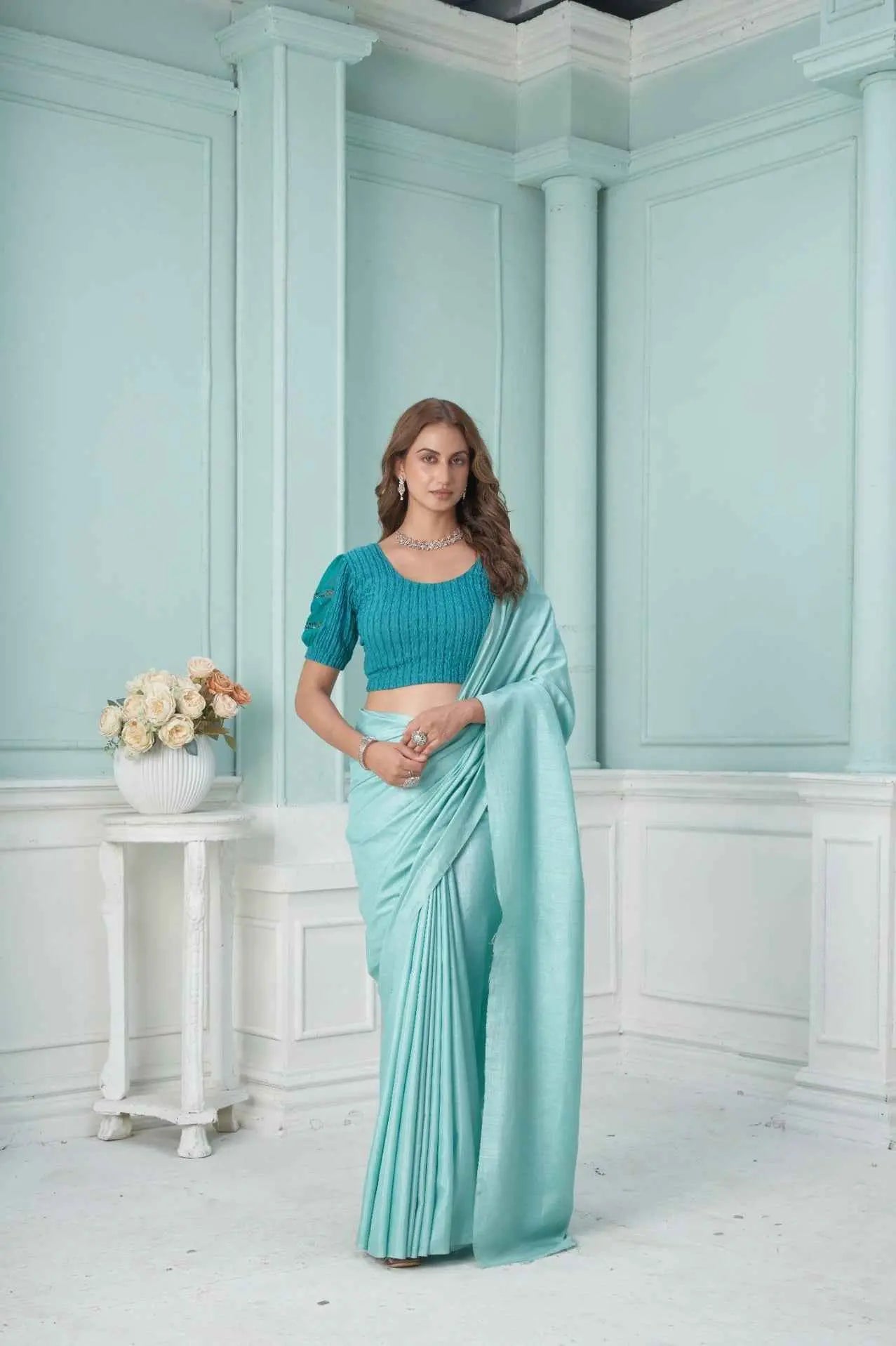 Stay On Trend: Latest Fashion Readymade Blouses for Women,round neckline ,balloon sleeves, adorned with crochet style lace..41015