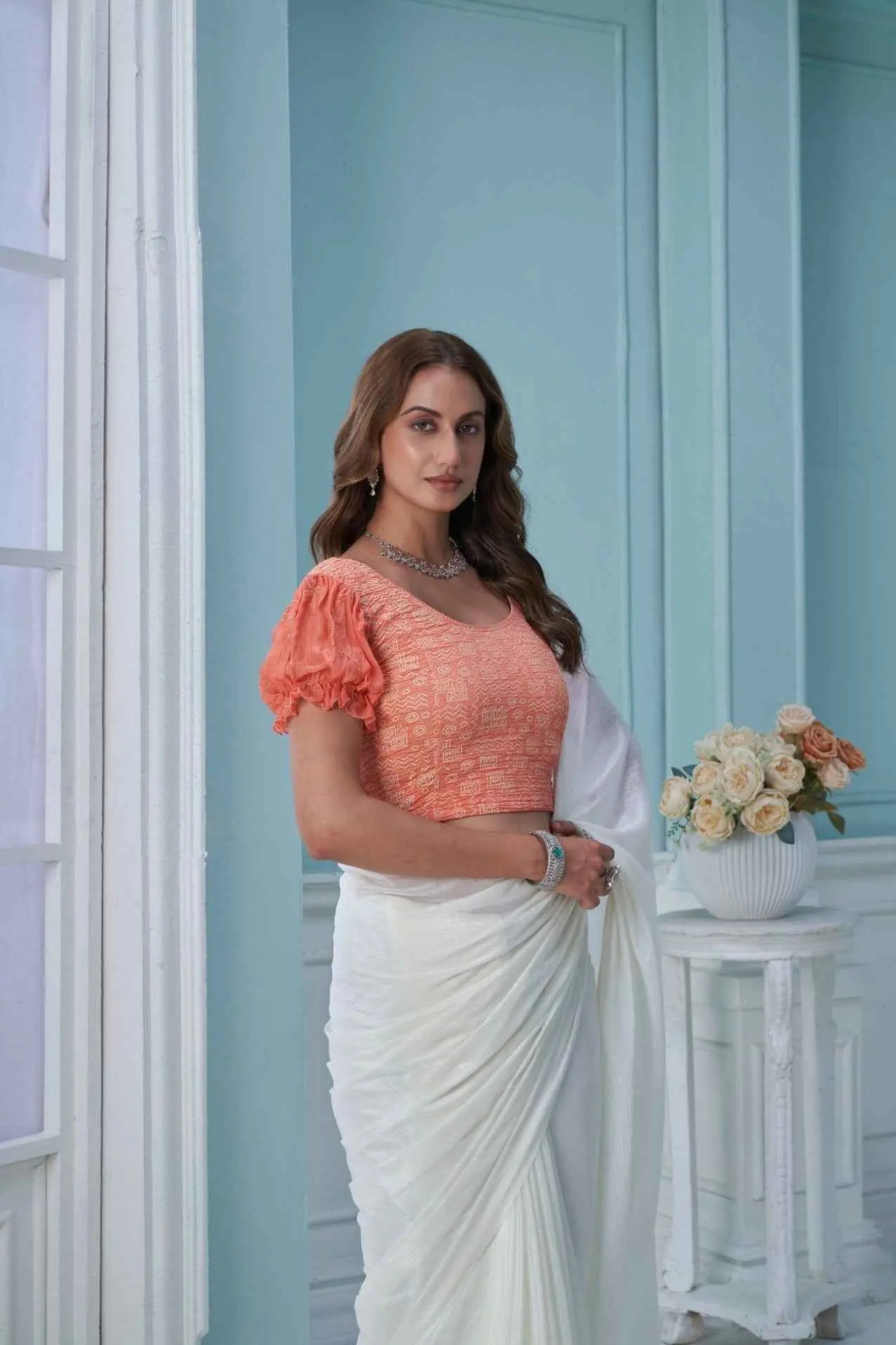Stay On Trend: Latest Fashion Readymade Blouses for Women,round neckline ,chinnon embroidered balloon elasticated sleeves.41020
