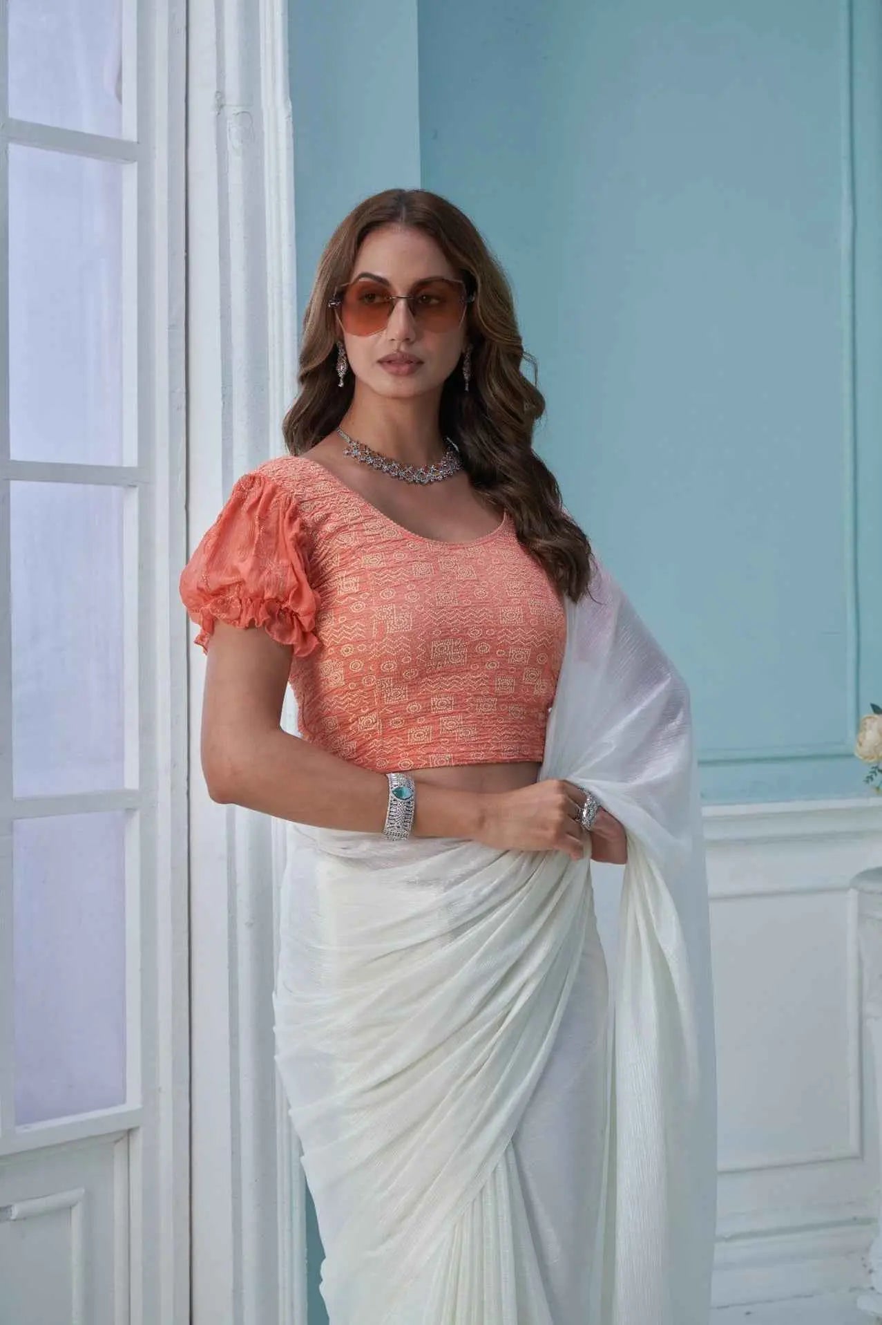 Stay On Trend: Latest Fashion Readymade Blouses for Women,round neckline ,chinnon embroidered balloon elasticated sleeves.41020