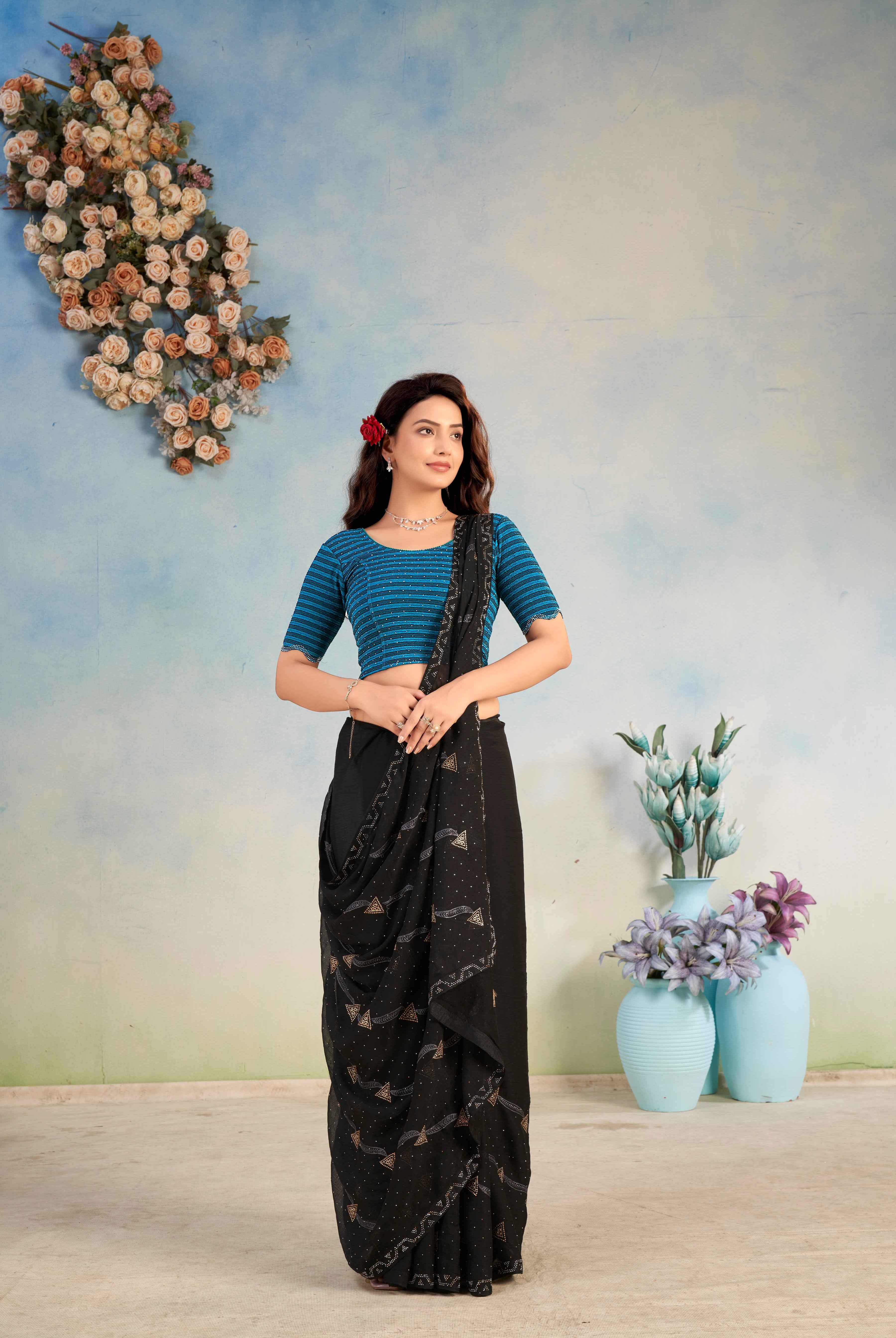 Stay On Trend: Latest Fashion Readymade Blouses for Women,swarovski studded front round neckline ,elbow sleeves and back patch detail on organza.41001