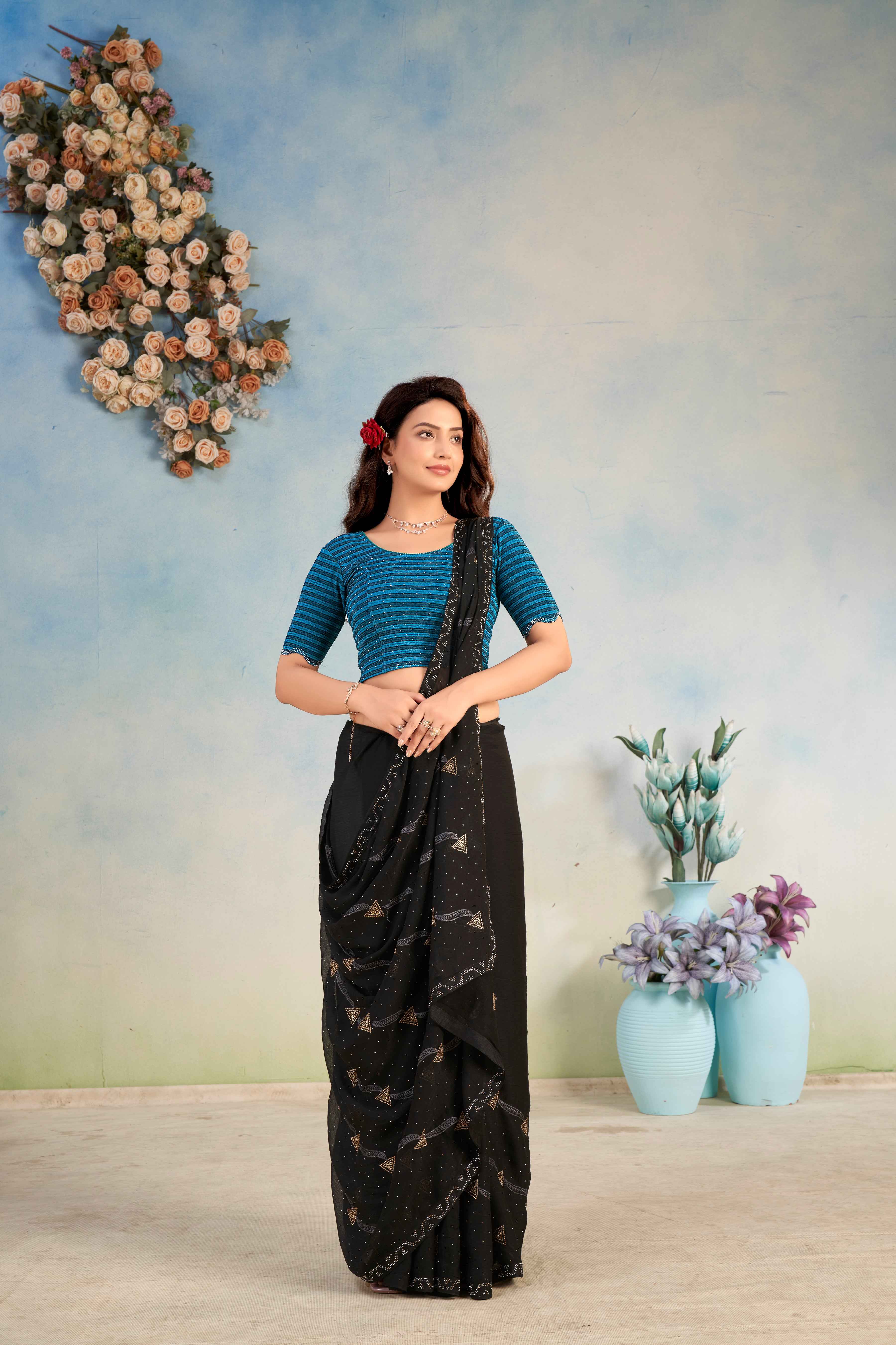 Stay On Trend: Latest Fashion Readymade Blouses for Women,swarovski studded front round neckline ,elbow sleeves and back patch detail on organza.41001