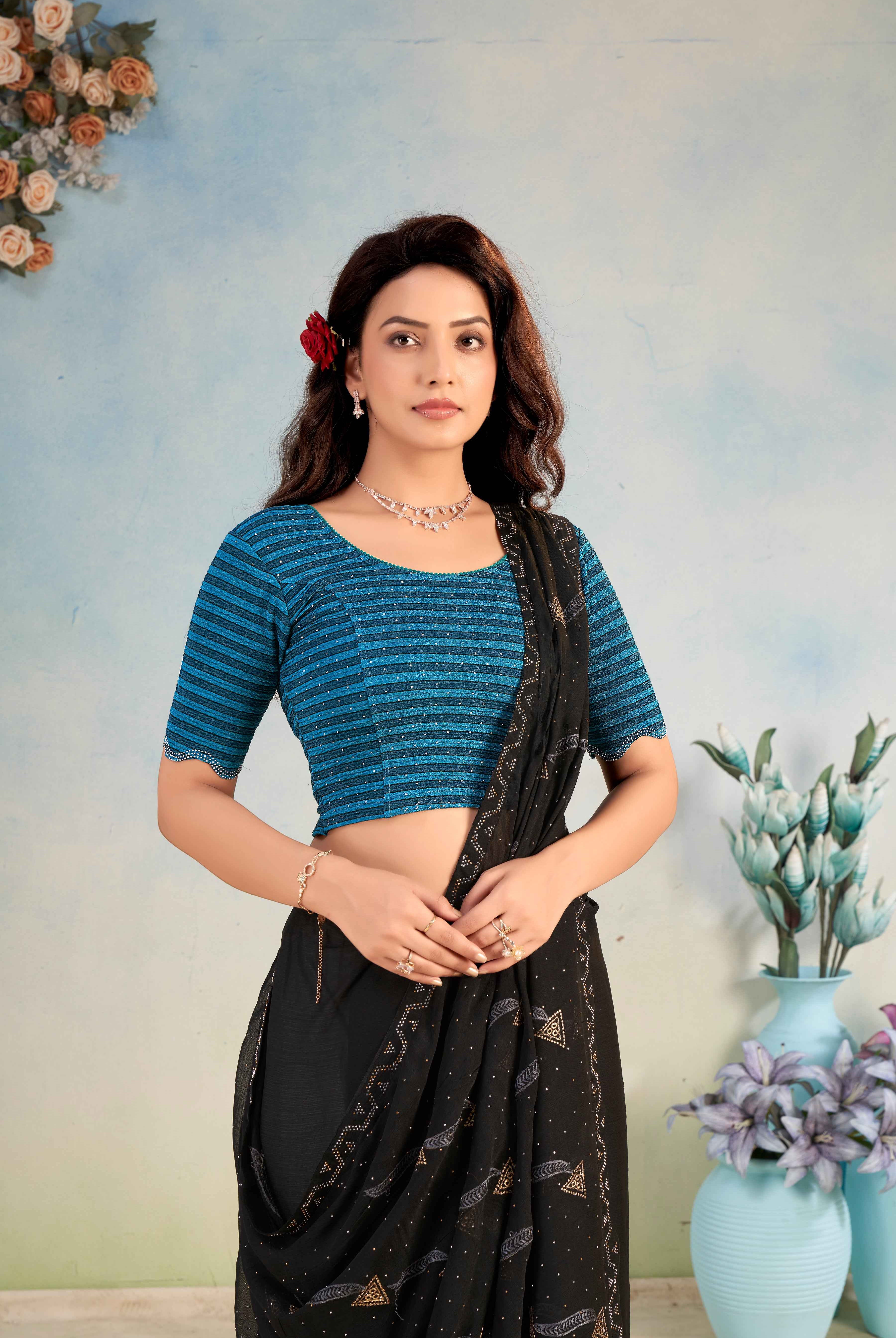 Stay On Trend: Latest Fashion Readymade Blouses for Women,swarovski studded front round neckline ,elbow sleeves and back patch detail on organza.41001