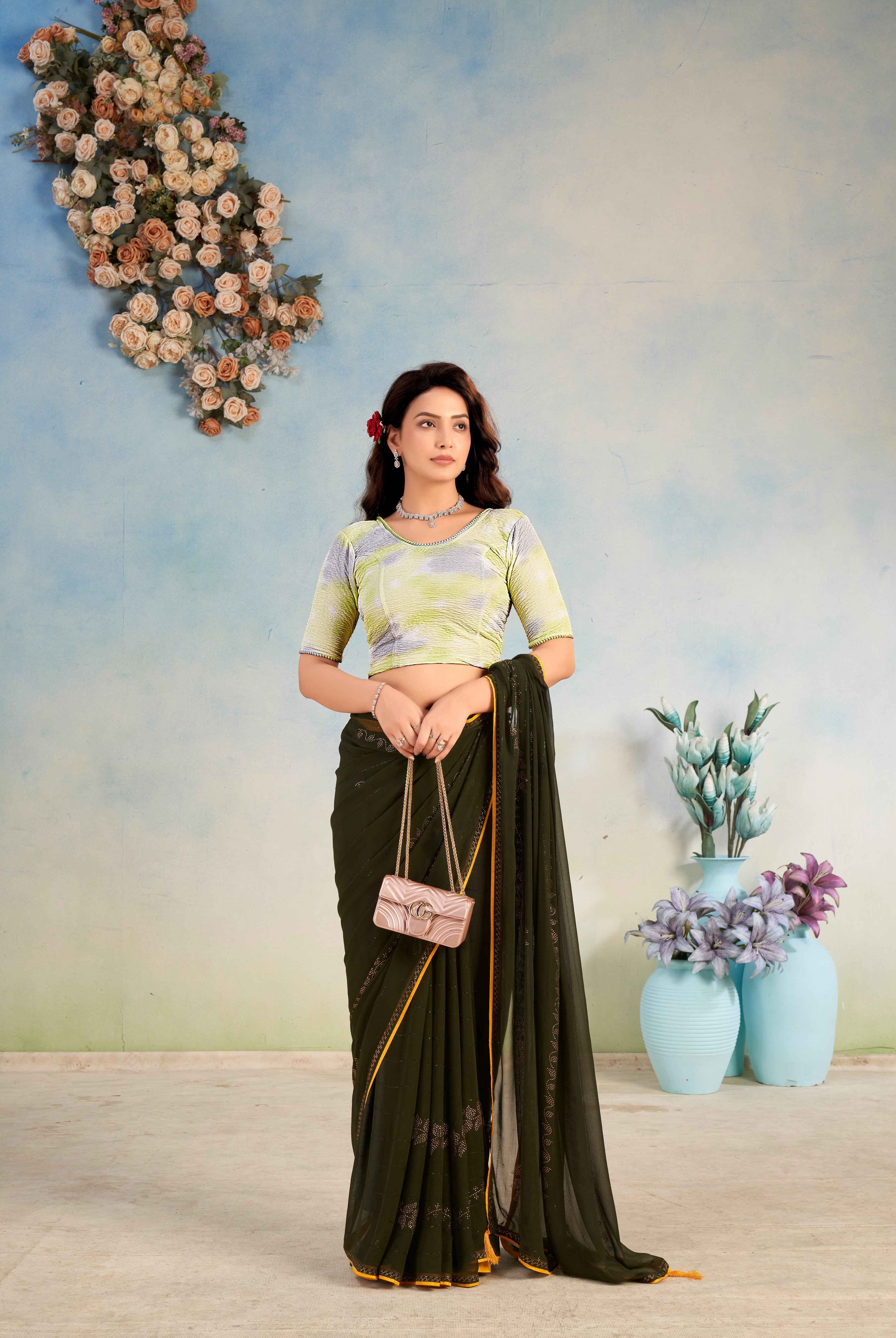 Stay On Trend: Latest Fashion Readymade Blouses for Women,round neckline ,elbow sleeves and duo-tone lace adorned on neckline.20065