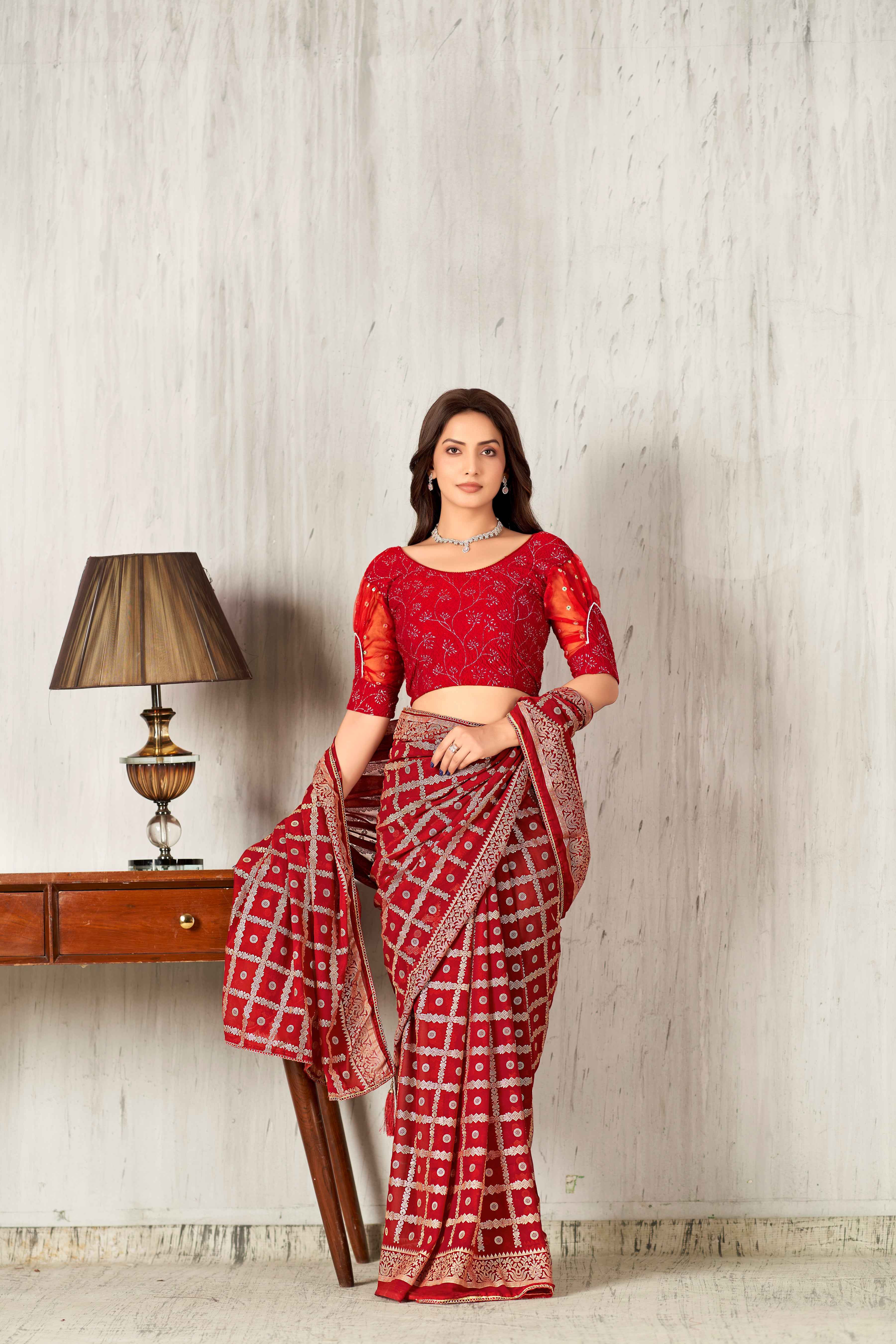 Stay On Trend: Latest Fashion Readymade Blouses for Women,round neckline,organza puff sleeves adorned with silver lace .32033