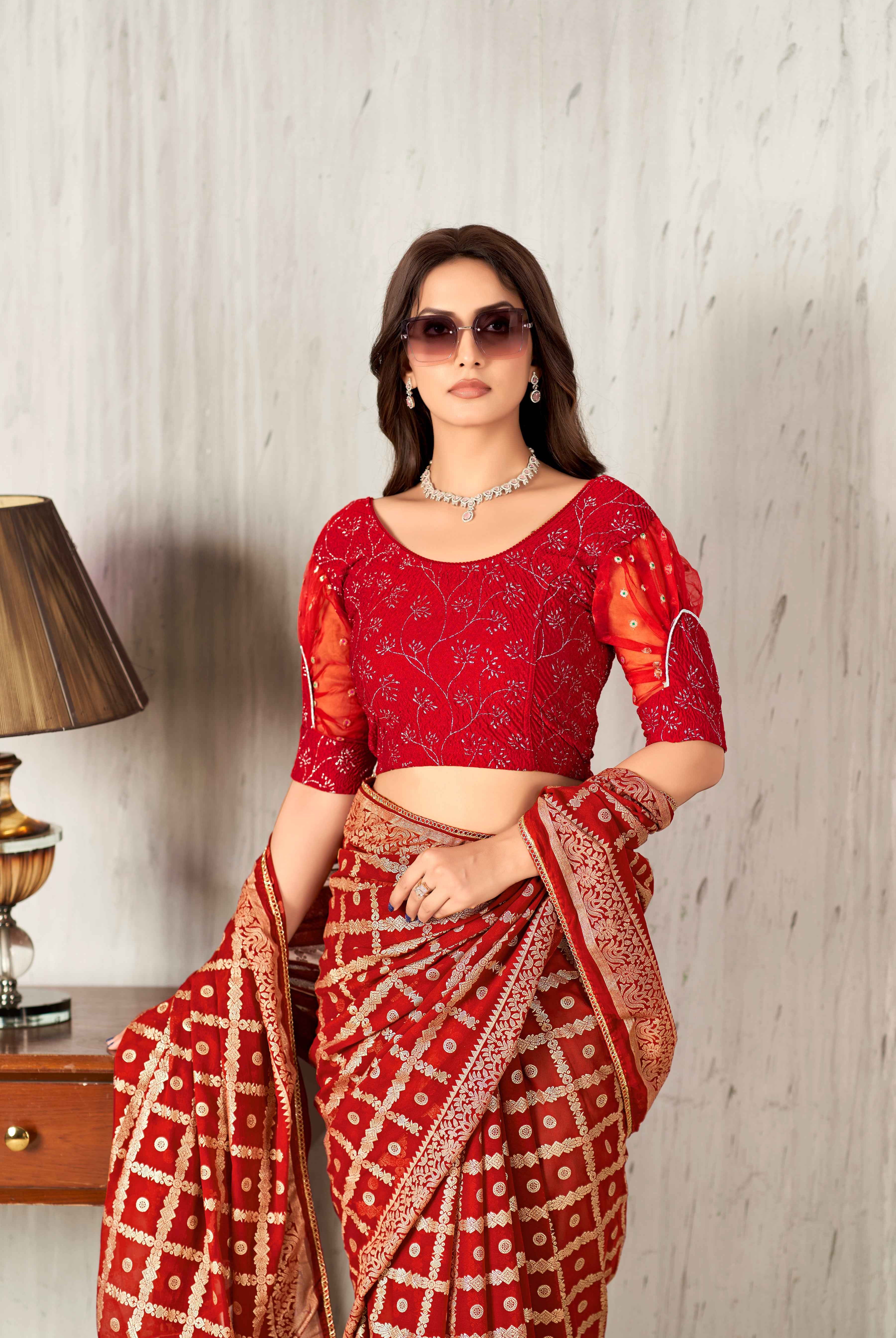 Stay On Trend: Latest Fashion Readymade Blouses for Women,round neckline,organza puff sleeves adorned with silver lace .32033