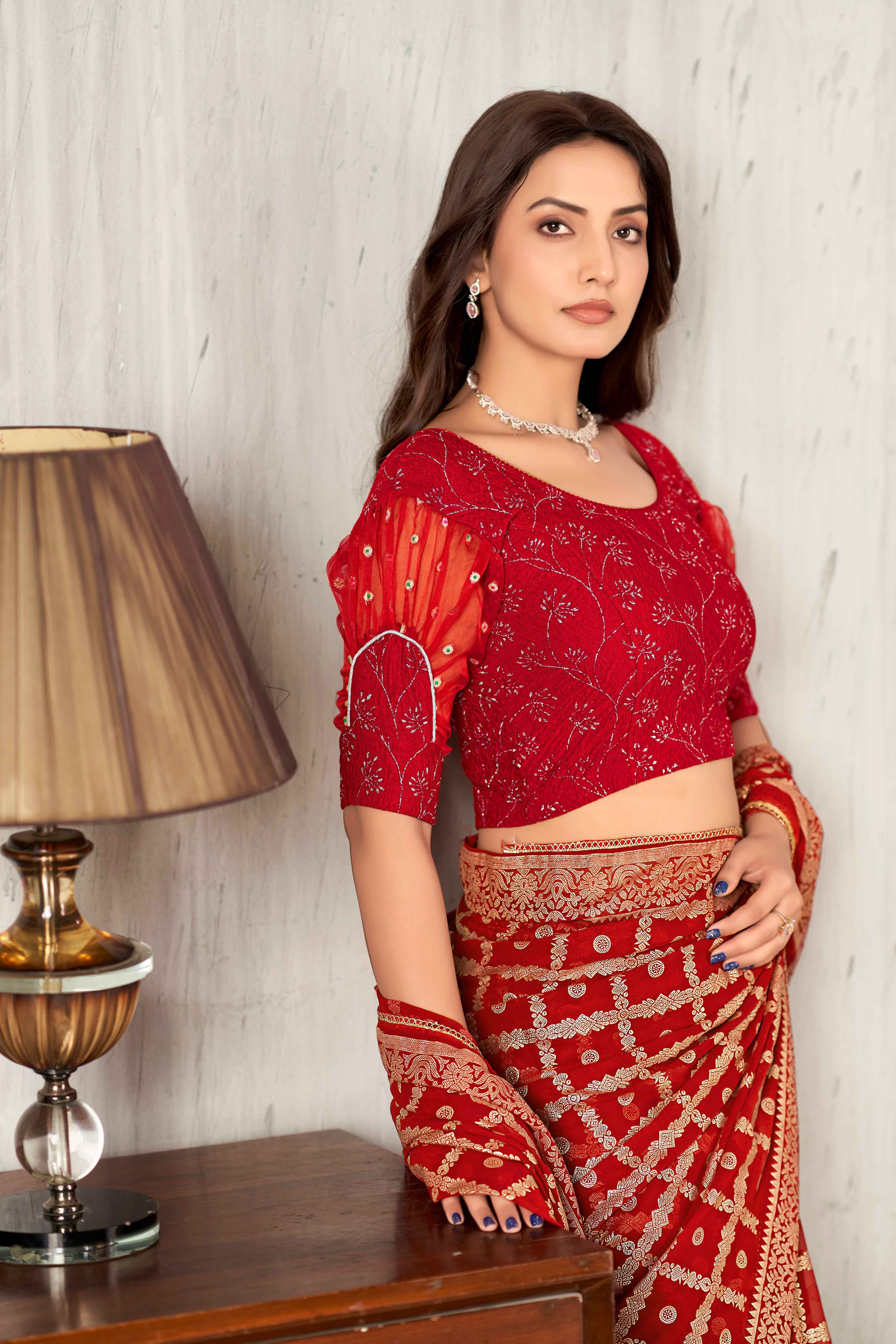 Stay On Trend: Latest Fashion Readymade Blouses for Women,round neckline,organza puff sleeves adorned with silver lace .32033