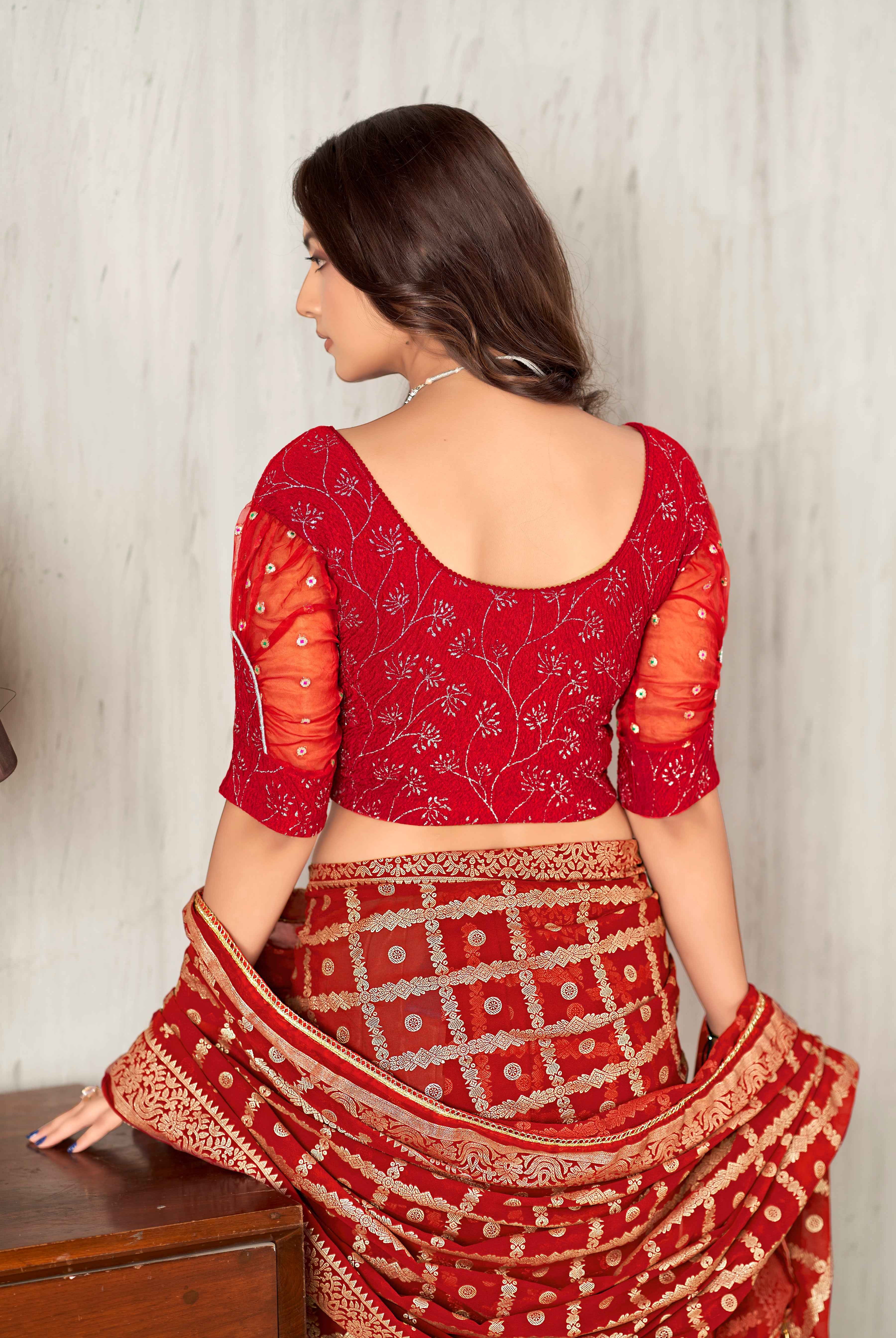 Stay On Trend: Latest Fashion Readymade Blouses for Women,round neckline,organza puff sleeves adorned with silver lace .32033