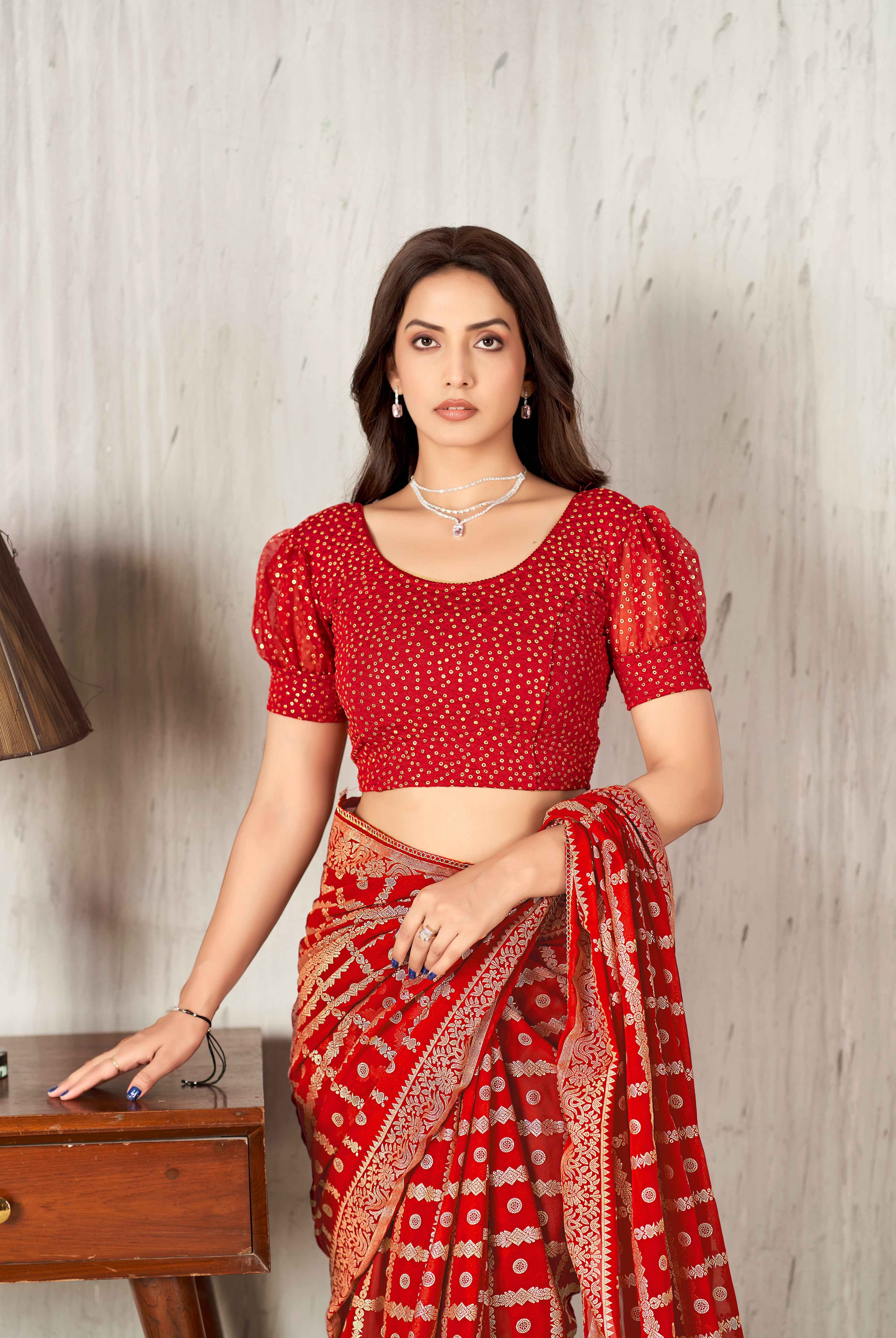 FINESTFIT Stay On Trend: Latest Fashion Readymade Blouses for Women,round neckline,sequinned style balloon cuff style sleeves.18021