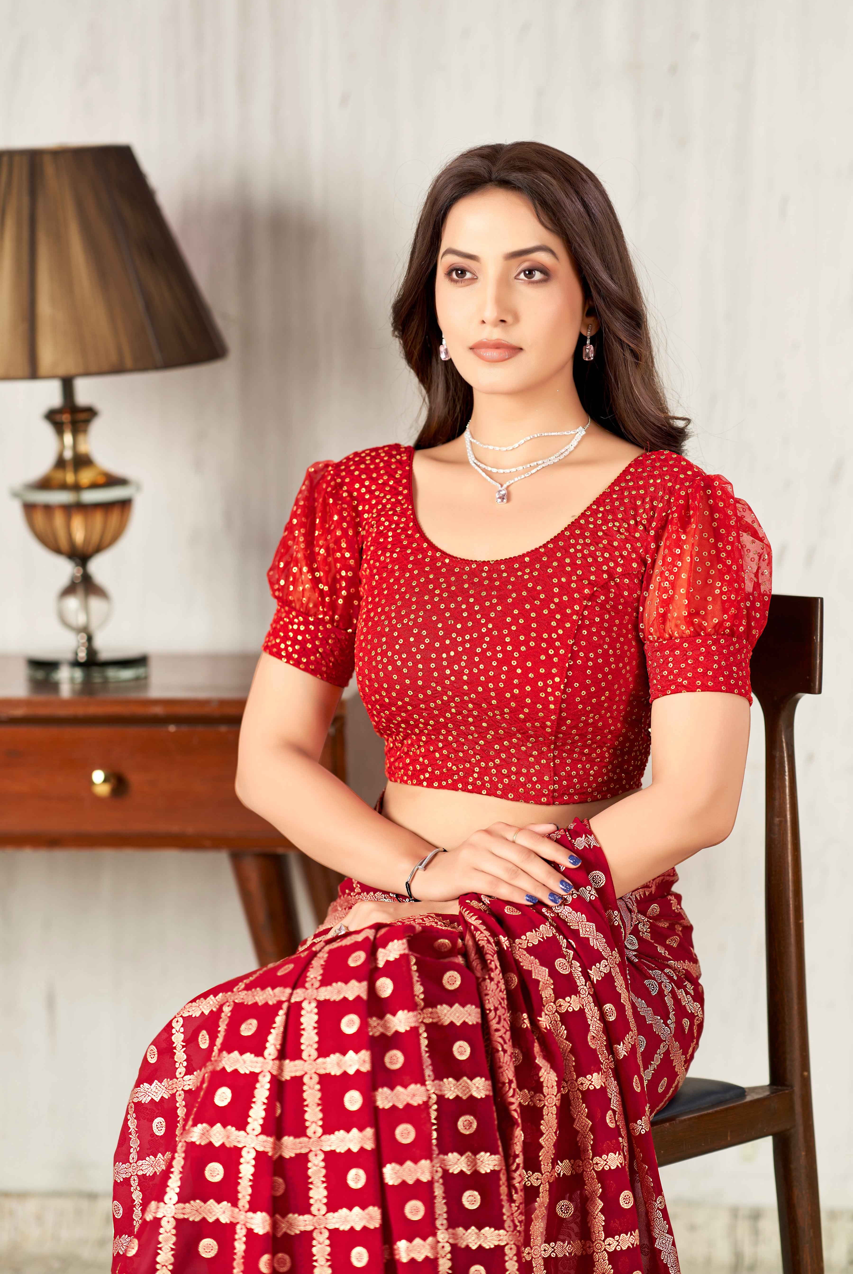 FINESTFIT Stay On Trend: Latest Fashion Readymade Blouses for Women,round neckline,sequinned style balloon cuff style sleeves.18021