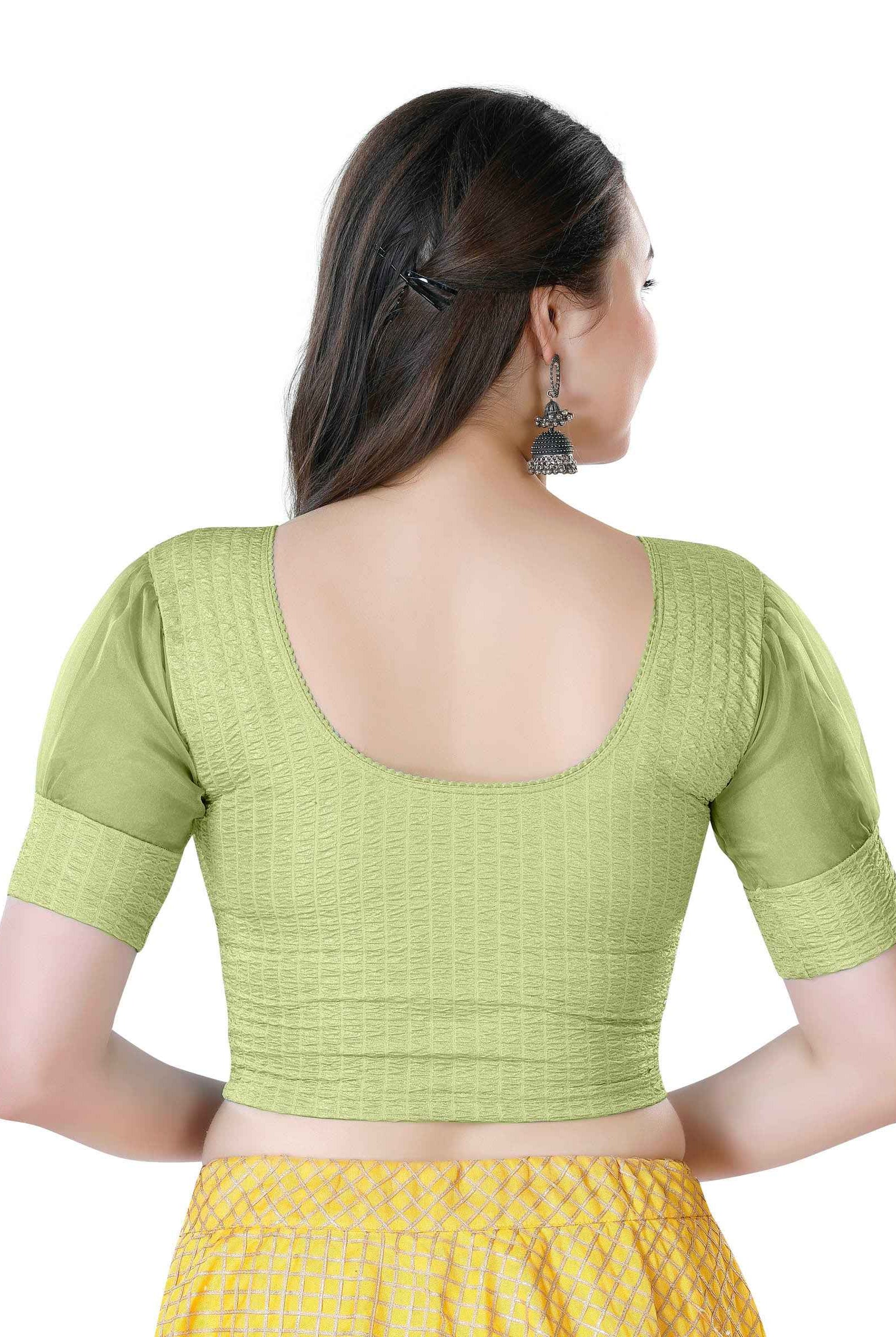 Stay On Trend: Latest Fashion Readymade Blouses for Women,V neckline ,organza balloon sleeves with fabric cuff and hand-made fabric buttons on center for an oomph effect.40050