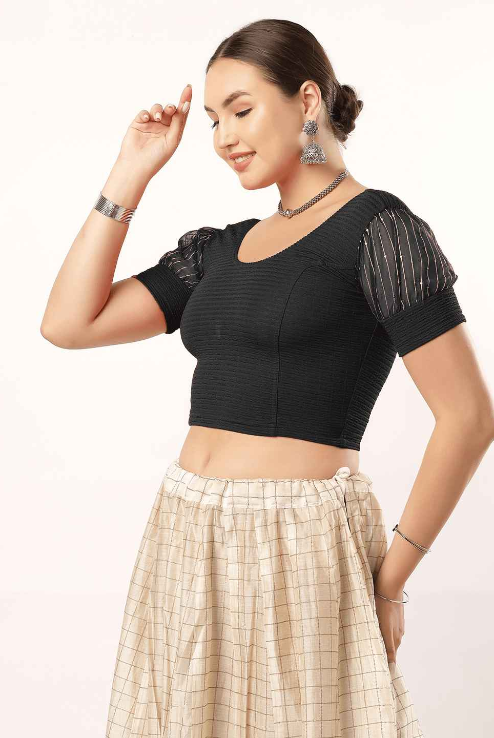 Stay On Trend: Organza Balloon Sleeves Blouse for Women, Round Neckline, Fabric Cuff, 5985