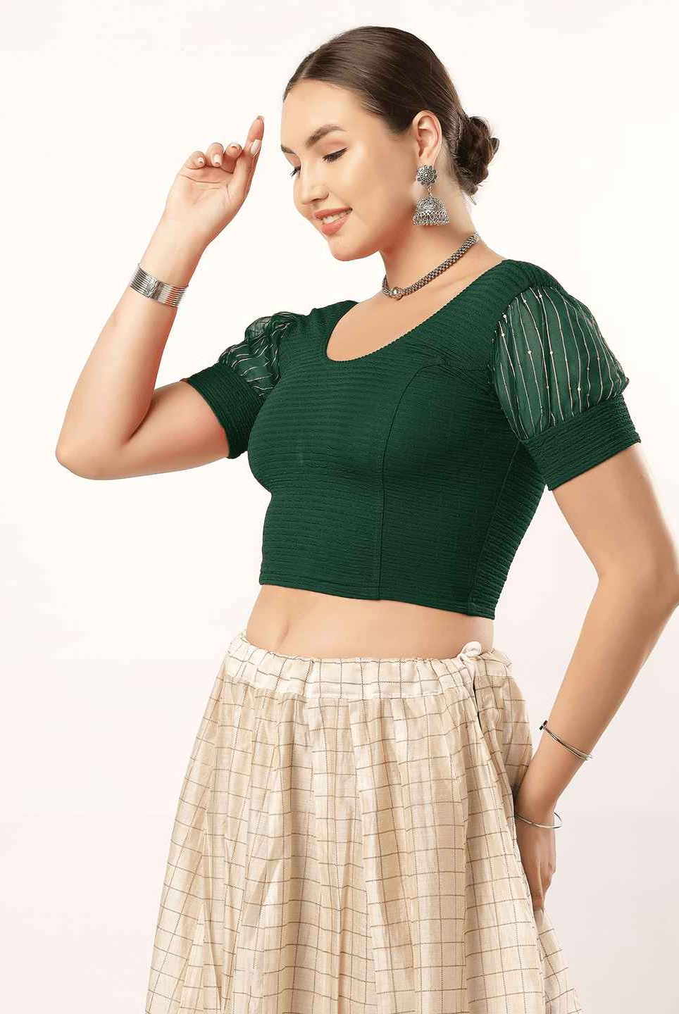 Stay On Trend: Organza Balloon Sleeves Blouse for Women, Round Neckline, Fabric Cuff, 5985