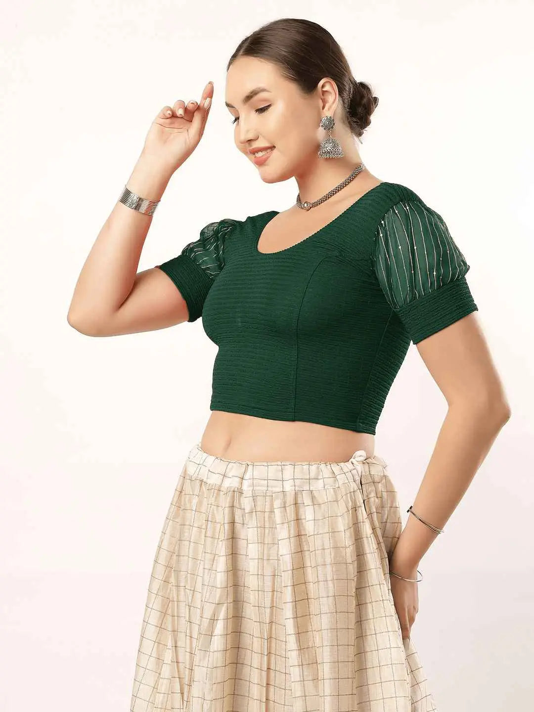 Stay On Trend: Organza Balloon Sleeves Blouse for Women, Round Neckline, Fabric Cuff, 5985