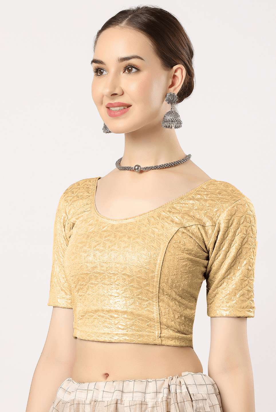 Stay On Trend: Latest Fashion Readymade Blouses for Women,round neckline,elbow sleeves in shimmer textured fabric.28008