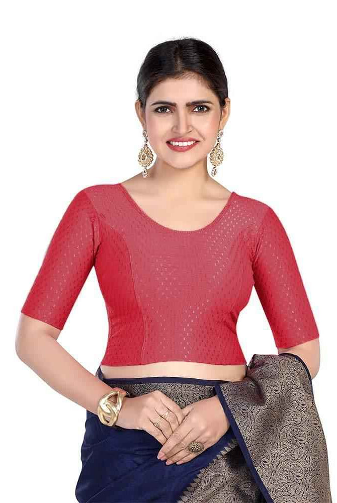 FINESTFIT 100% Cotton Fabric Stretchable Round Neck Elbow Sleeve Readymade Saree Blouse for Women - 4096