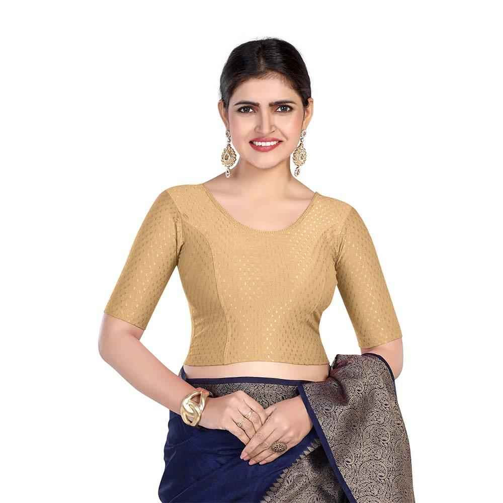 FINESTFIT 100% Cotton Fabric Stretchable Round Neck Elbow Sleeve Readymade Saree Blouse for Women - 4096