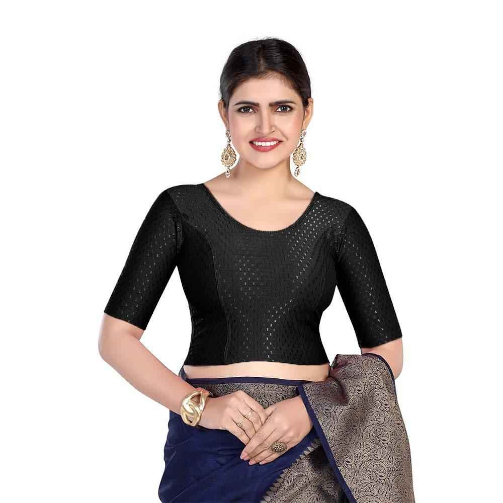 FINESTFIT 100% Cotton Fabric Stretchable Round Neck Elbow Sleeve Readymade Saree Blouse for Women - 4096