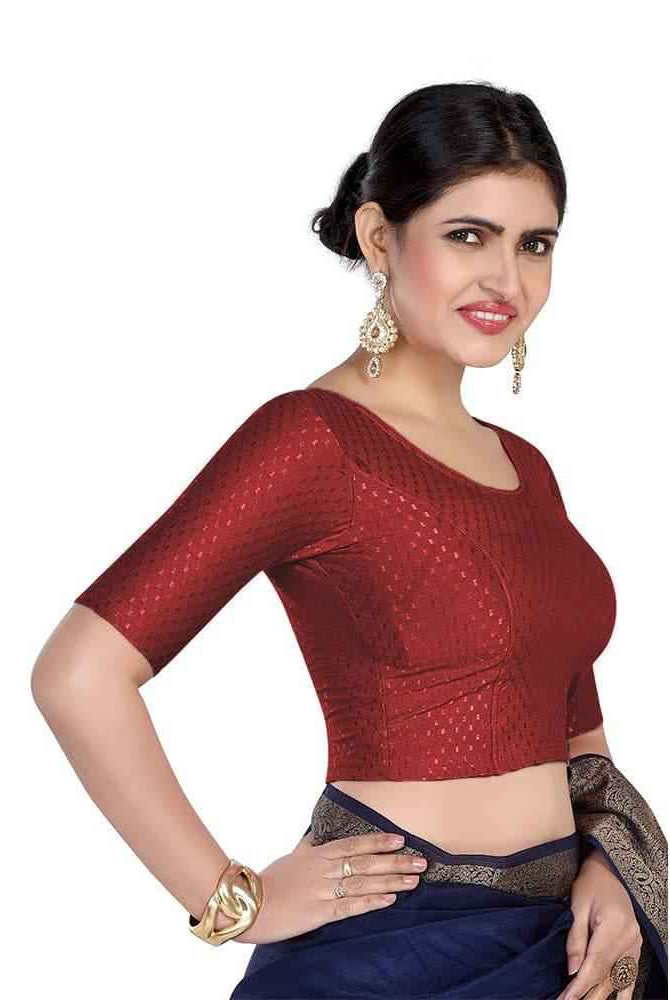 FINESTFIT 100% Cotton Fabric Stretchable Round Neck Elbow Sleeve Readymade Saree Blouse for Women - 4096