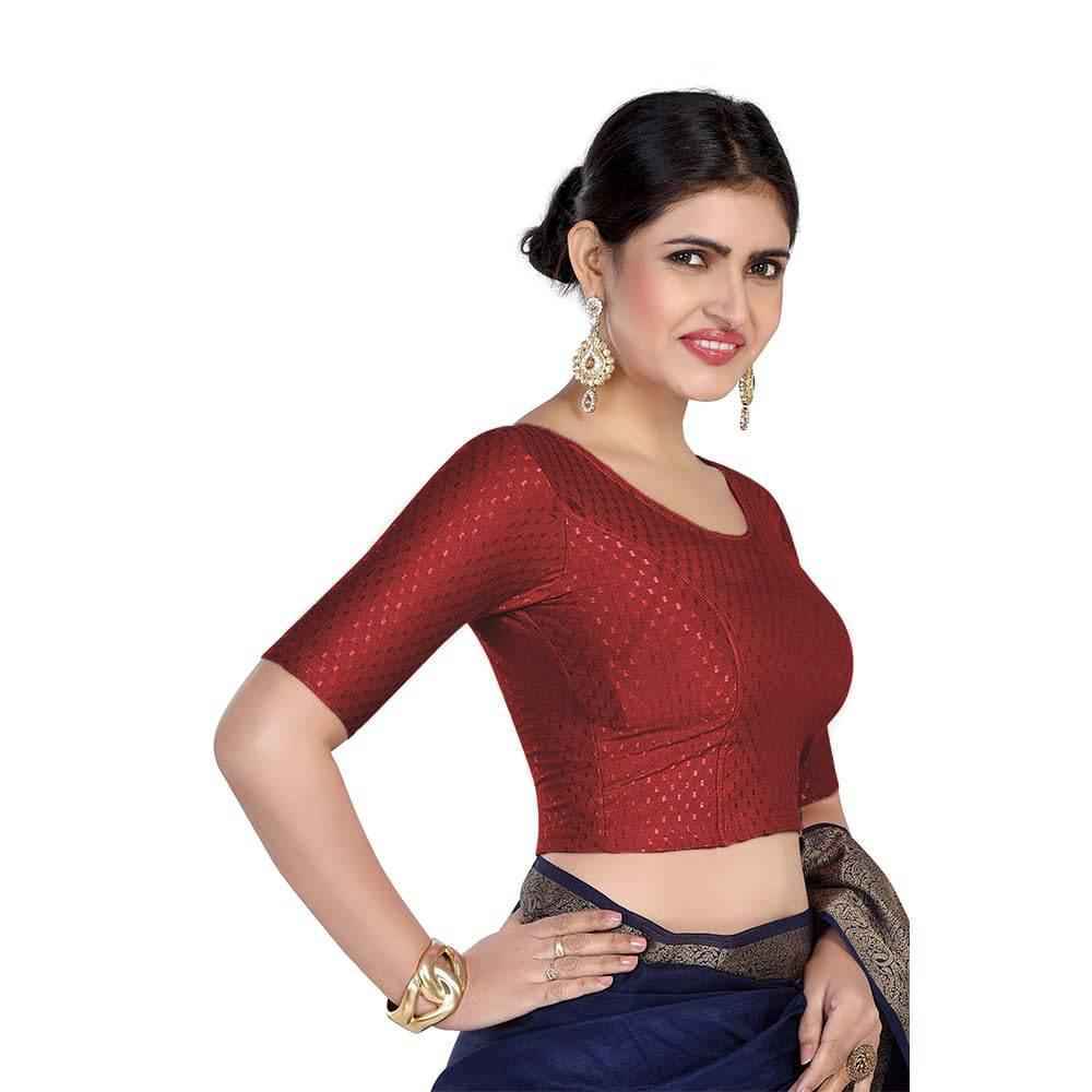FINESTFIT 100% Cotton Fabric Stretchable Round Neck Elbow Sleeve Readymade Saree Blouse for Women - 4096 (Copy)