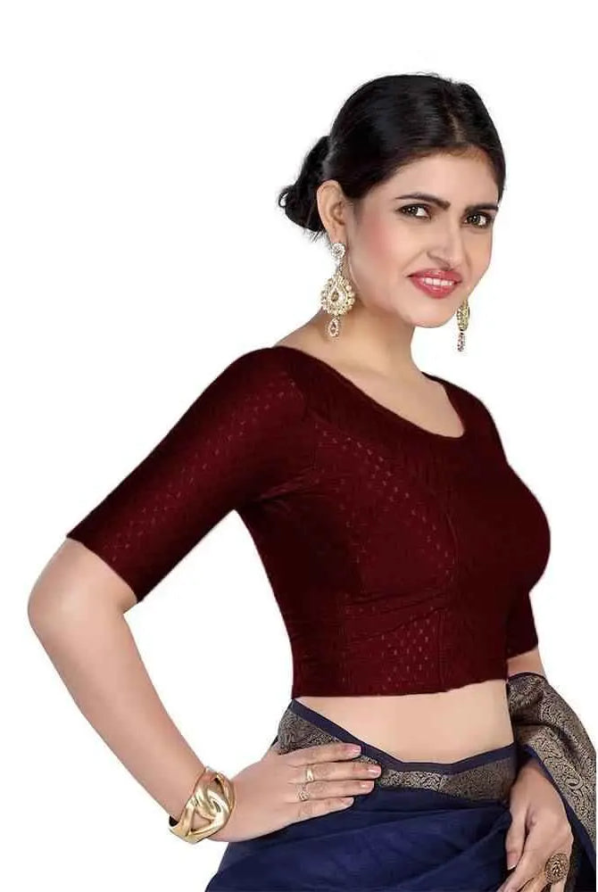 FINESTFIT 100% Cotton Fabric Stretchable Round Neck Elbow Sleeve Readymade Saree Blouse for Women - 4096 (Copy)