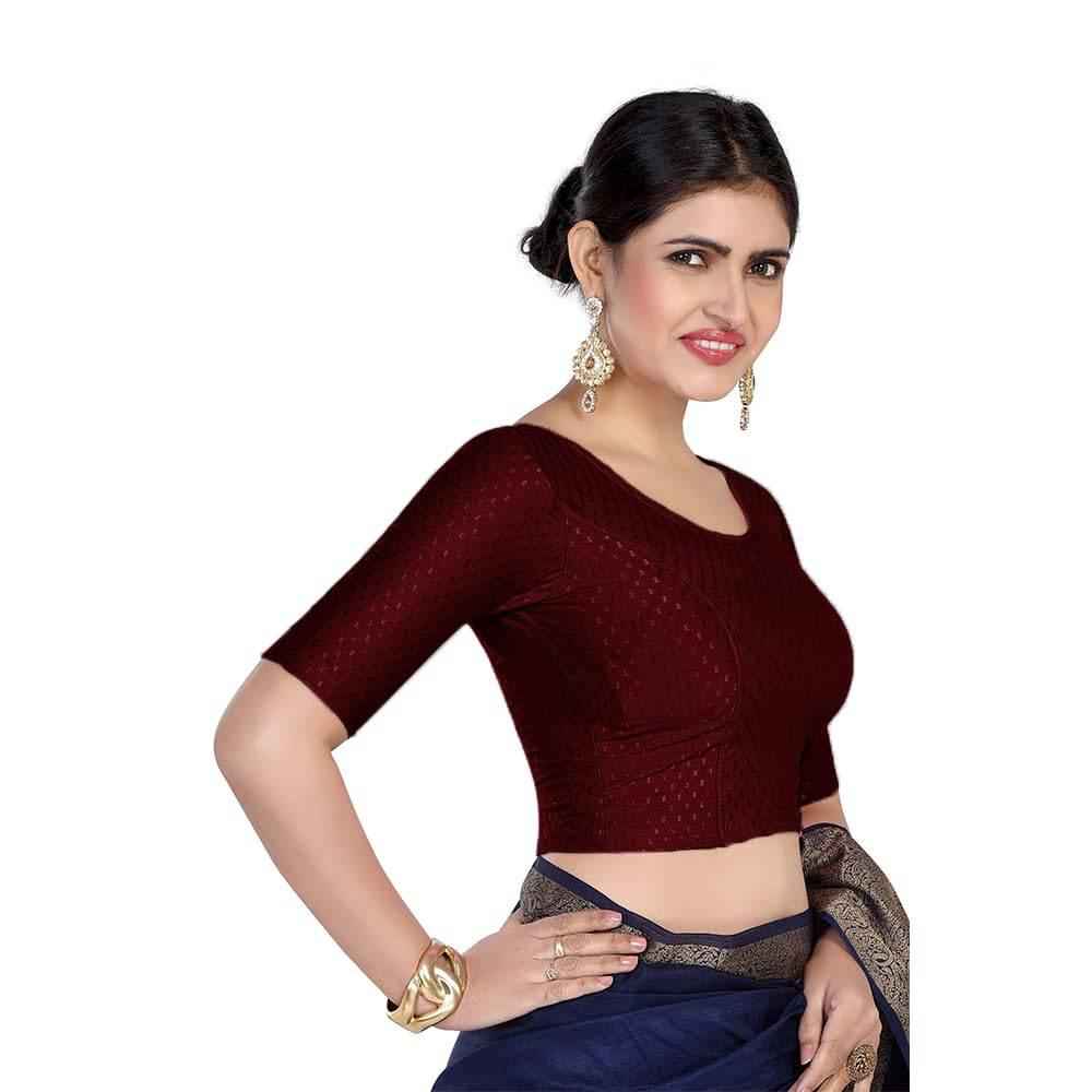 FINESTFIT 100% Cotton Fabric Stretchable Round Neck Elbow Sleeve Readymade Saree Blouse for Women - 4096