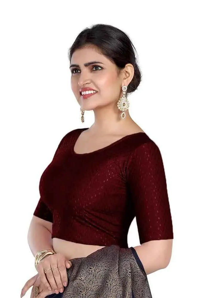 FINESTFIT 100% Cotton Fabric Stretchable Round Neck Elbow Sleeve Readymade Saree Blouse for Women - 4096 (Copy)