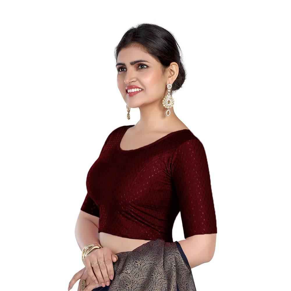 FINESTFIT 100% Cotton Fabric Stretchable Round Neck Elbow Sleeve Readymade Saree Blouse for Women - 4096