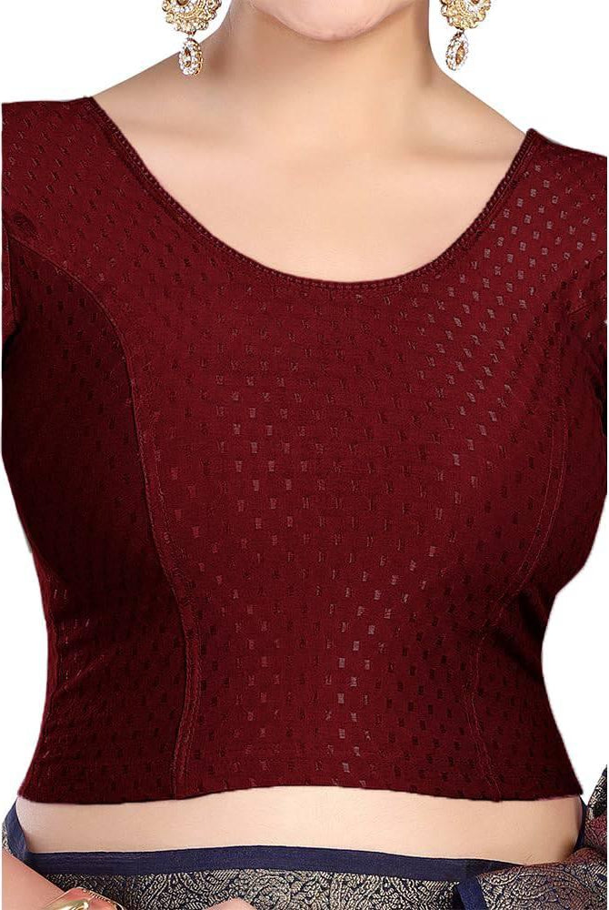 FINESTFIT Round Neck 100% Cotton Dobby Fabric Stretchable Elbow Sleeve Readymade Saree Blouse for Women.4096