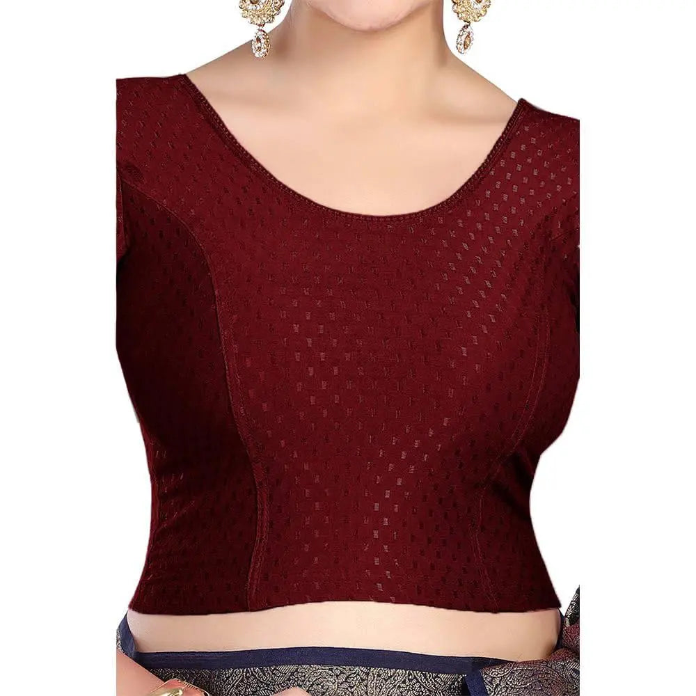 FINESTFIT Round Neck 100% Cotton Dobby Fabric Stretchable Elbow Sleeve Readymade Saree Blouse for Women.4096